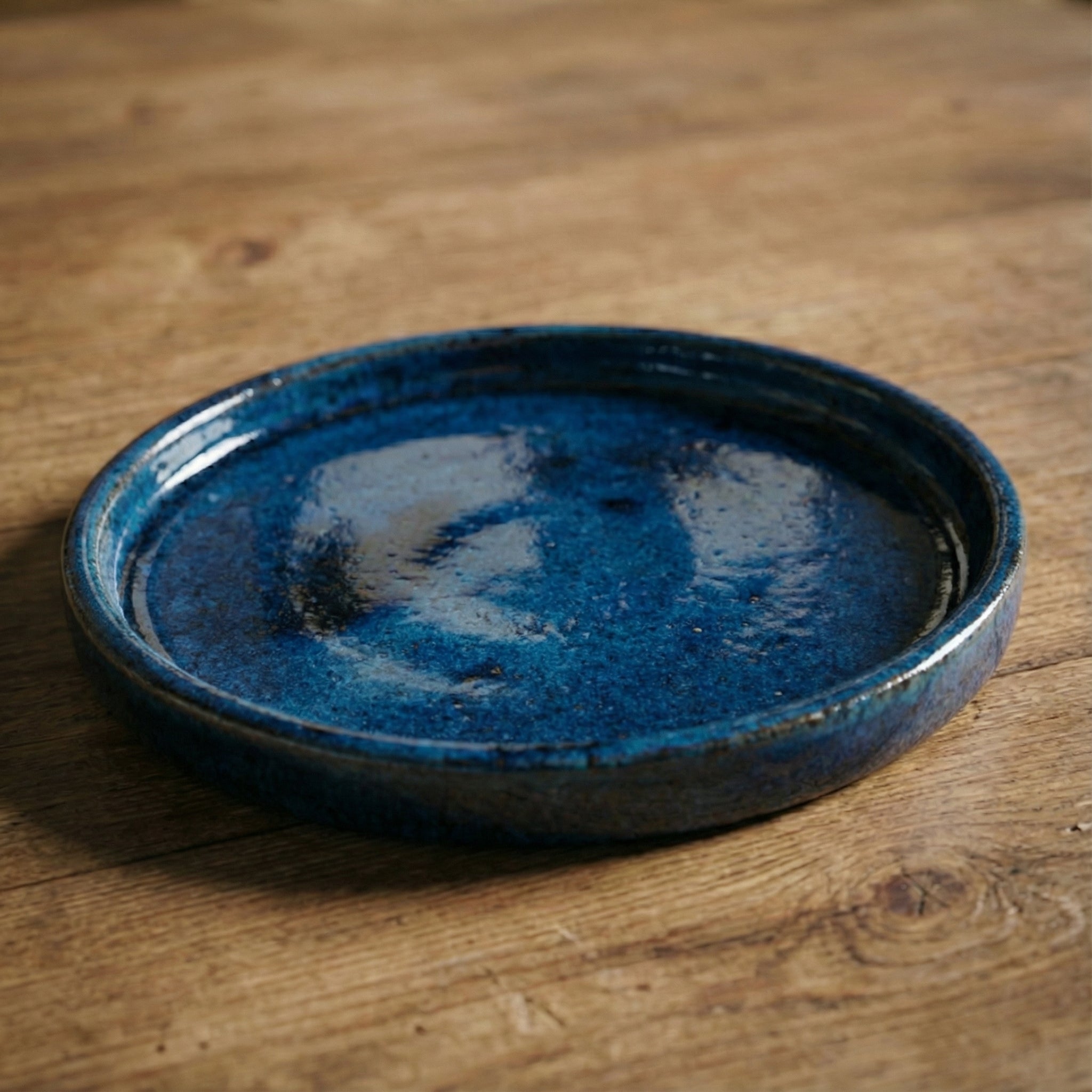 34cm azure blue saucer handmade in glazed terracotta