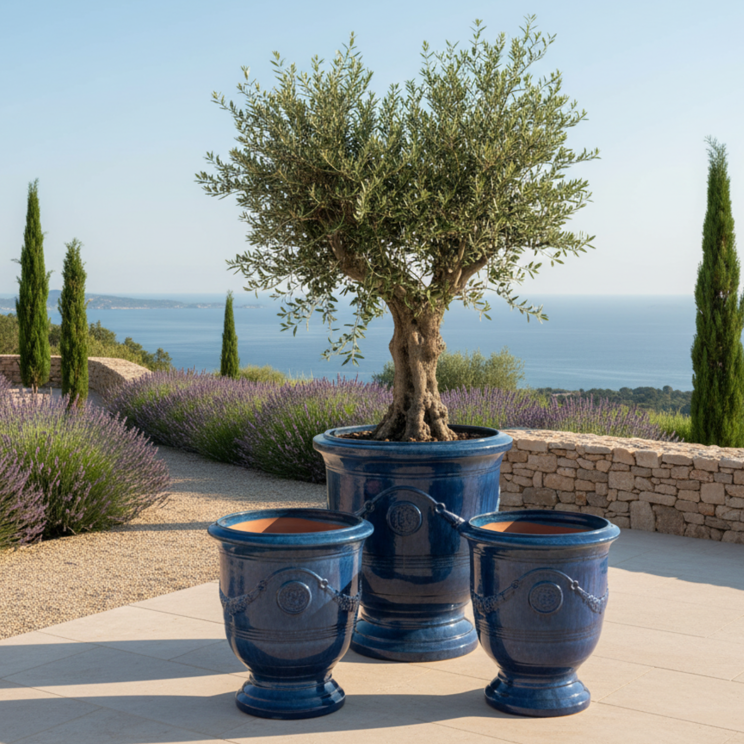 RICHELIEU 58x70cm azure blue, large handmade outdoor pot in glazed terracotta, frost resistant