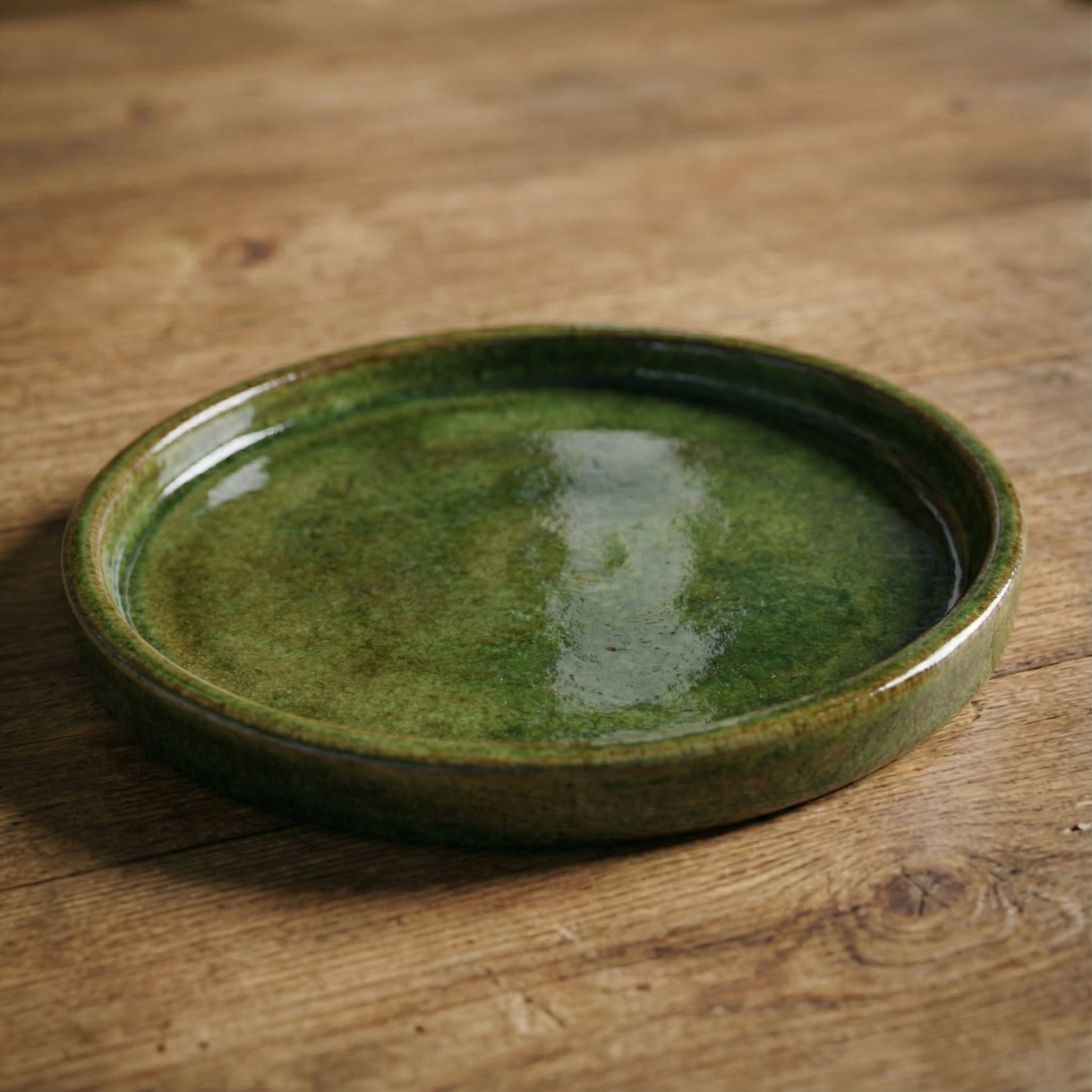 34cm tropical green saucer handmade in glazed terracotta