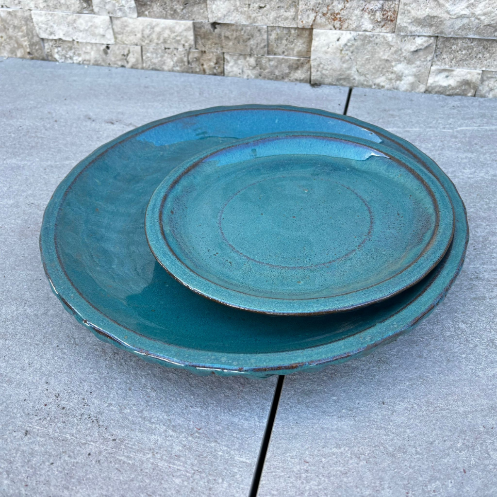 28cm petrol blue saucer handmade in glazed terracotta
