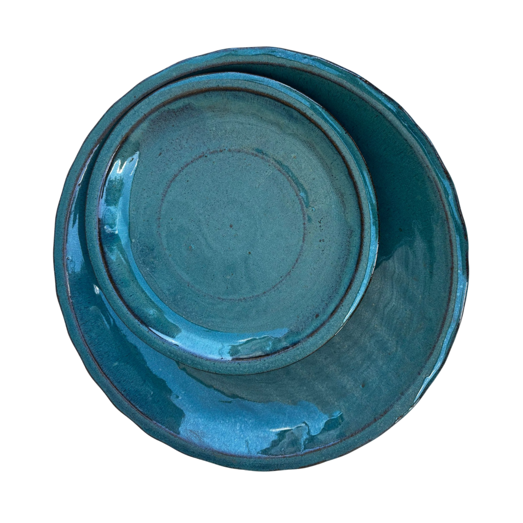 28cm petrol blue saucer handmade in glazed terracotta