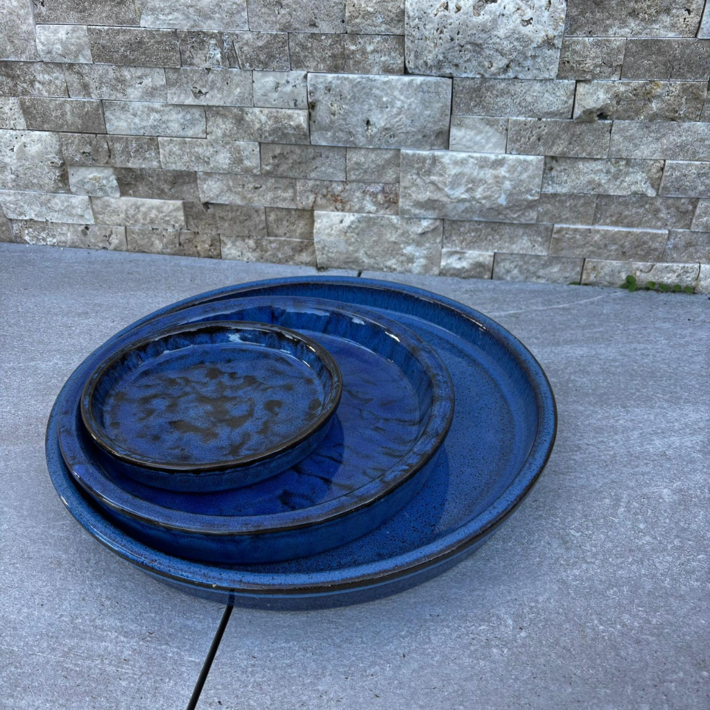 Handmade 28cm antique blue saucer in glazed terracotta