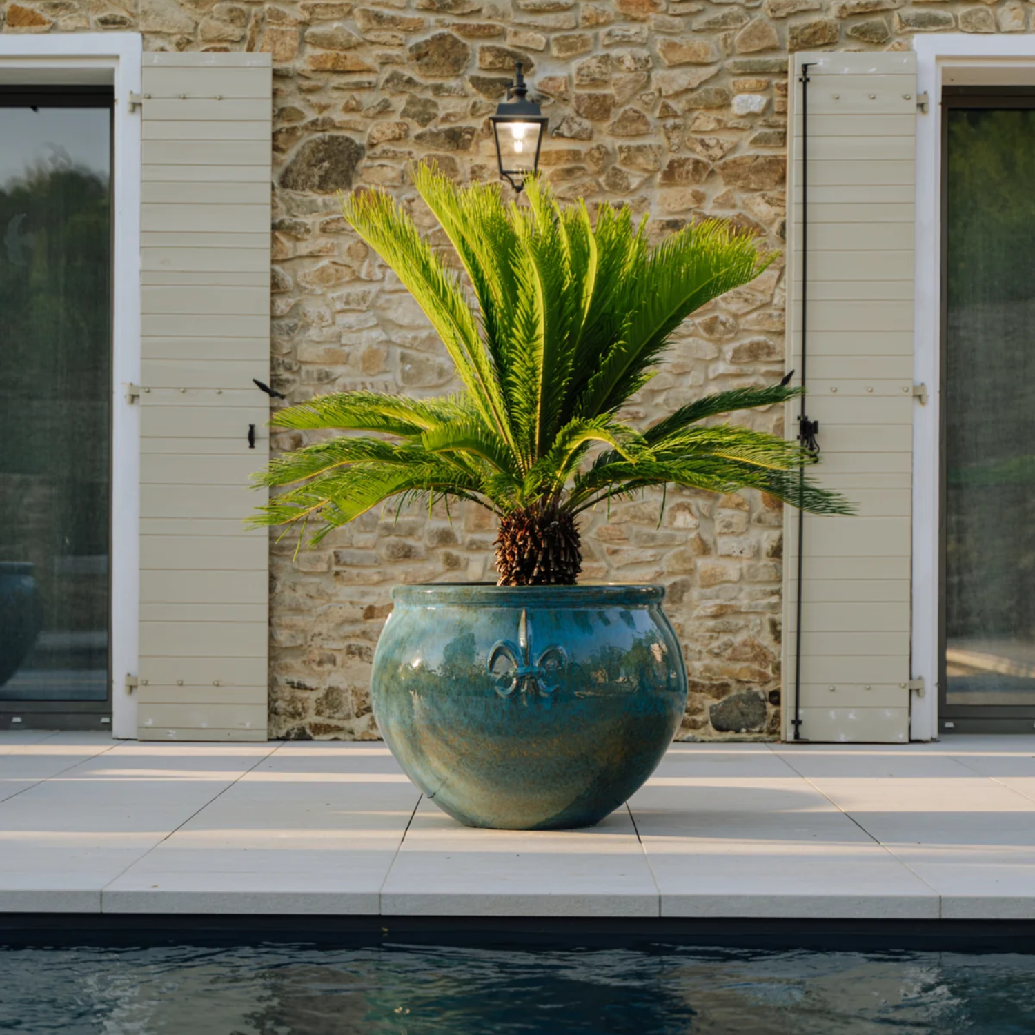 CLOVIS 85x64 cm, large outdoor handmade pot in glazed terracotta, frost-resistant, steel blue