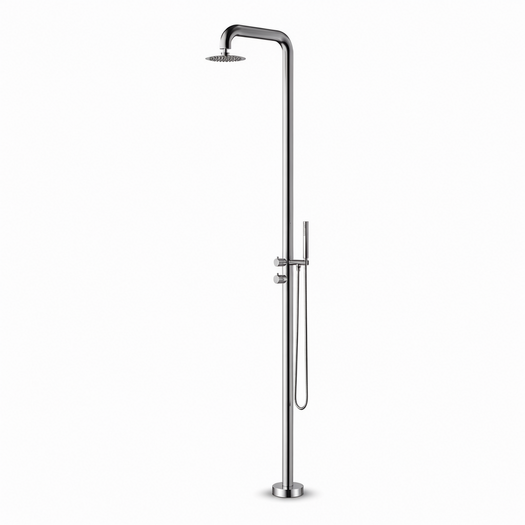 Douche extérieure EQUINOX R en inox brossé, vue de face sur fond blanc