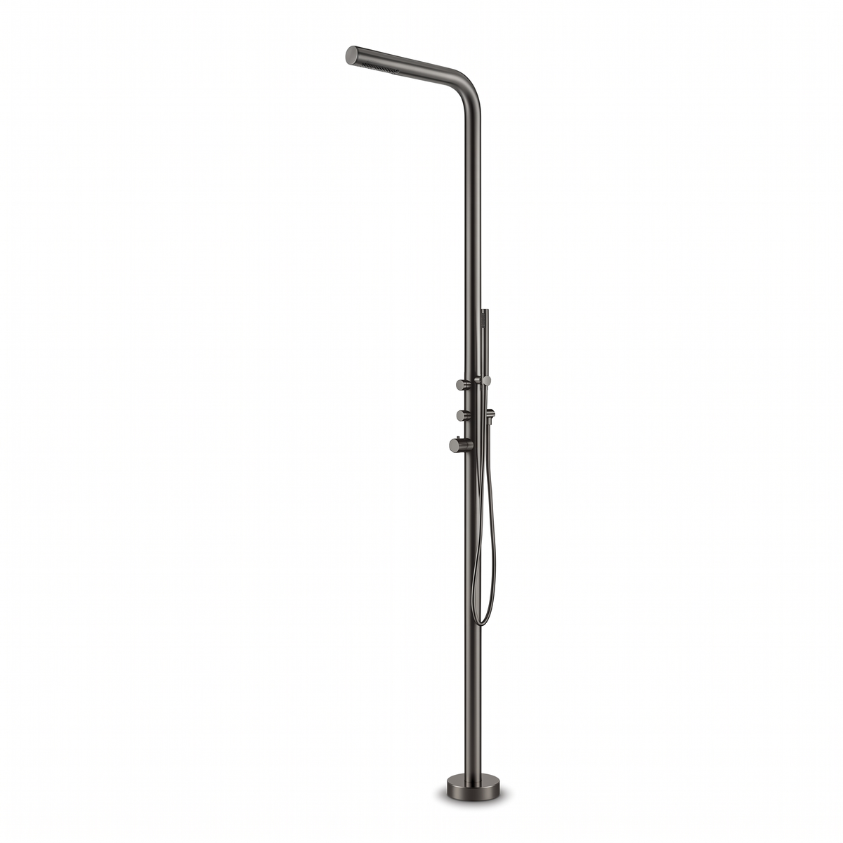 Douche extérieure EQUINOX L gun metal avec douchette sur fond blanc
