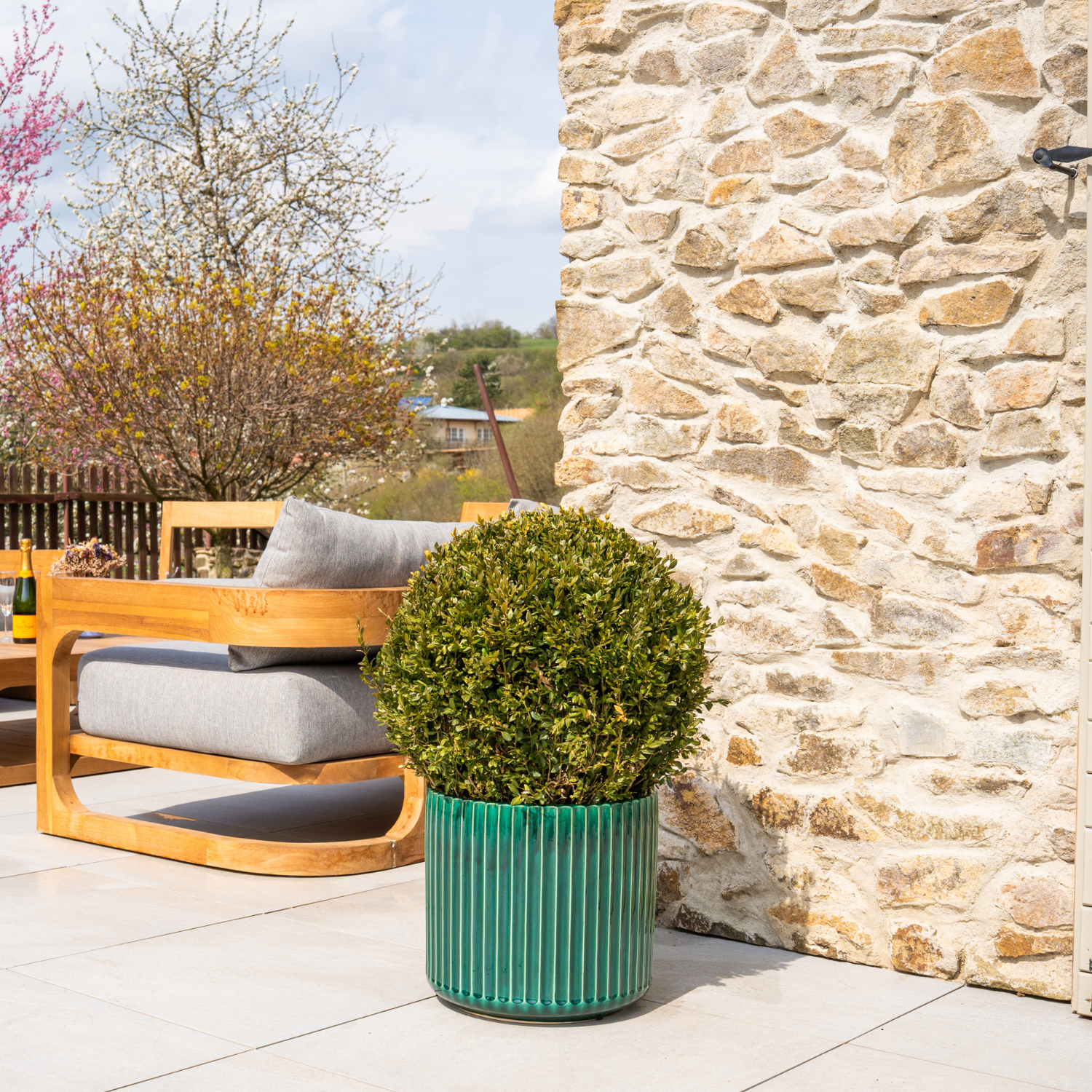 LONDON 35x33 cm, large outdoor handmade pot in glazed terracotta, frost-resistant, fir green