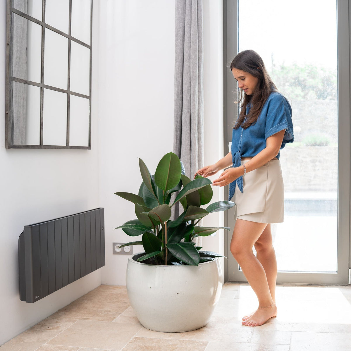 Pot ROMULUS rond 55x38 cm crème en terre cuite émaillée, avec ficus dans un intérieur