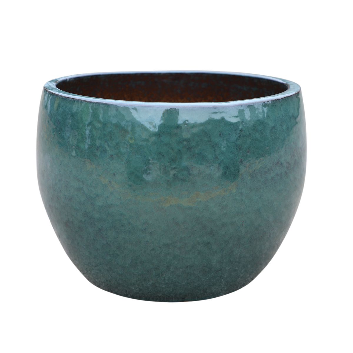 Pot ROMULUS rond 42x30 cm bleu azur en terre cuite émaillée, vue de face sur fond blanc