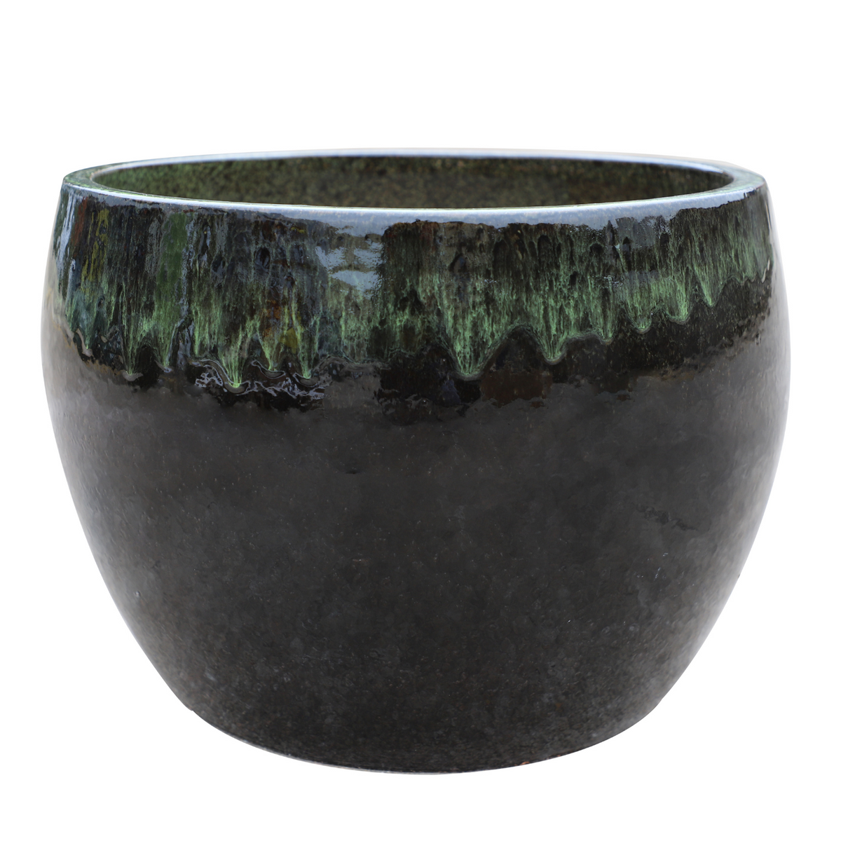 Pot ROMULUS rond 42x30 cm noir et vert en terre cuite émaillée, vue de face sur fond blanc