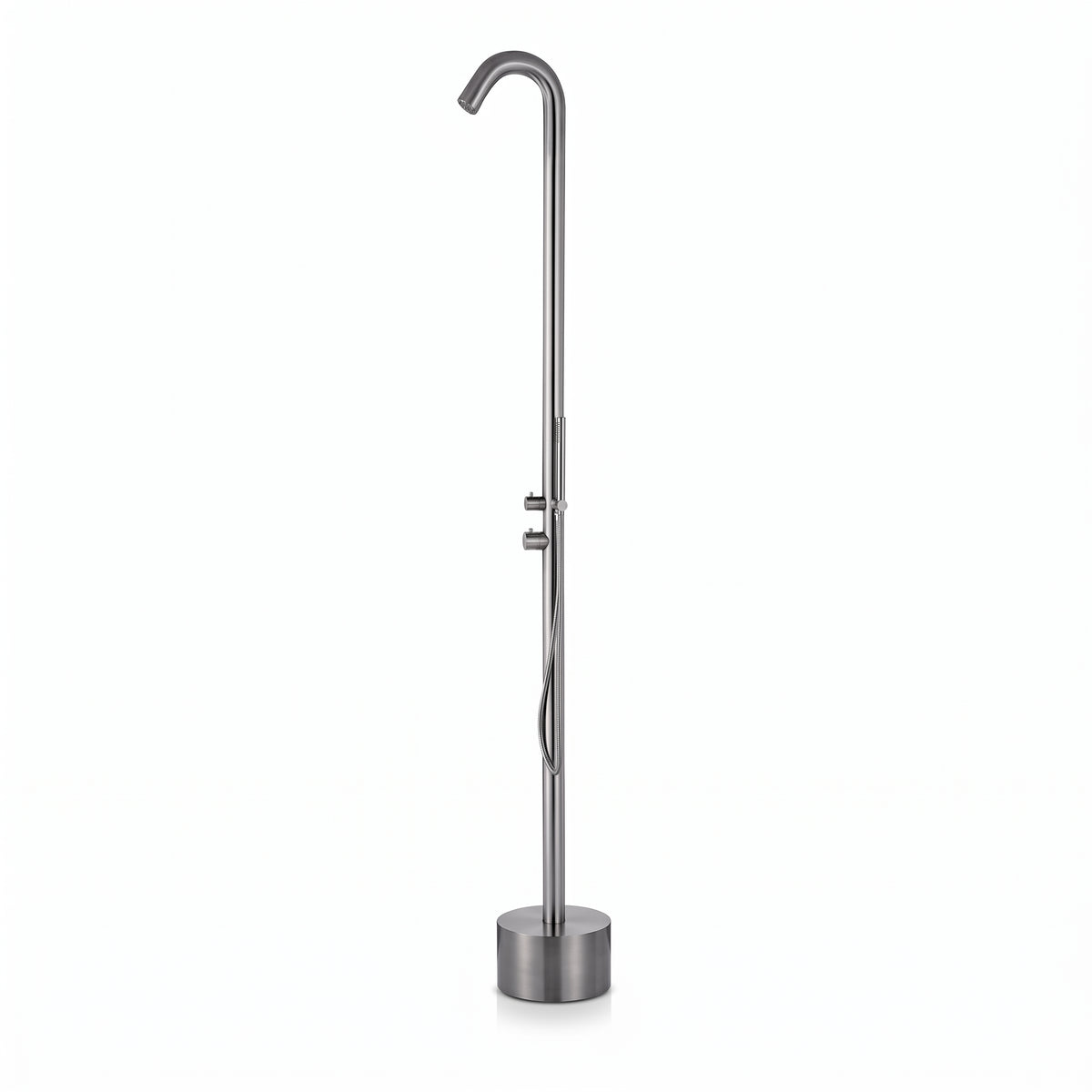 Douche extérieure EQUINOX X en inox brossé, vue de face sur fond blanc