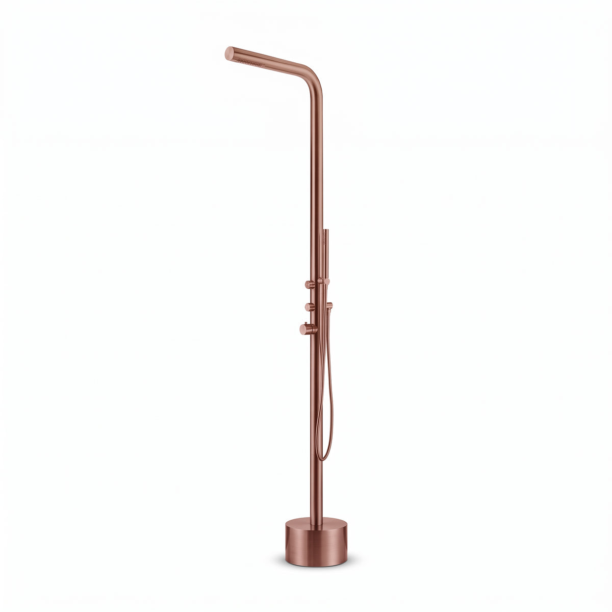 Douche extérieure EQUINOX L cuivre avec pomme haute et douchette sur fond blanc