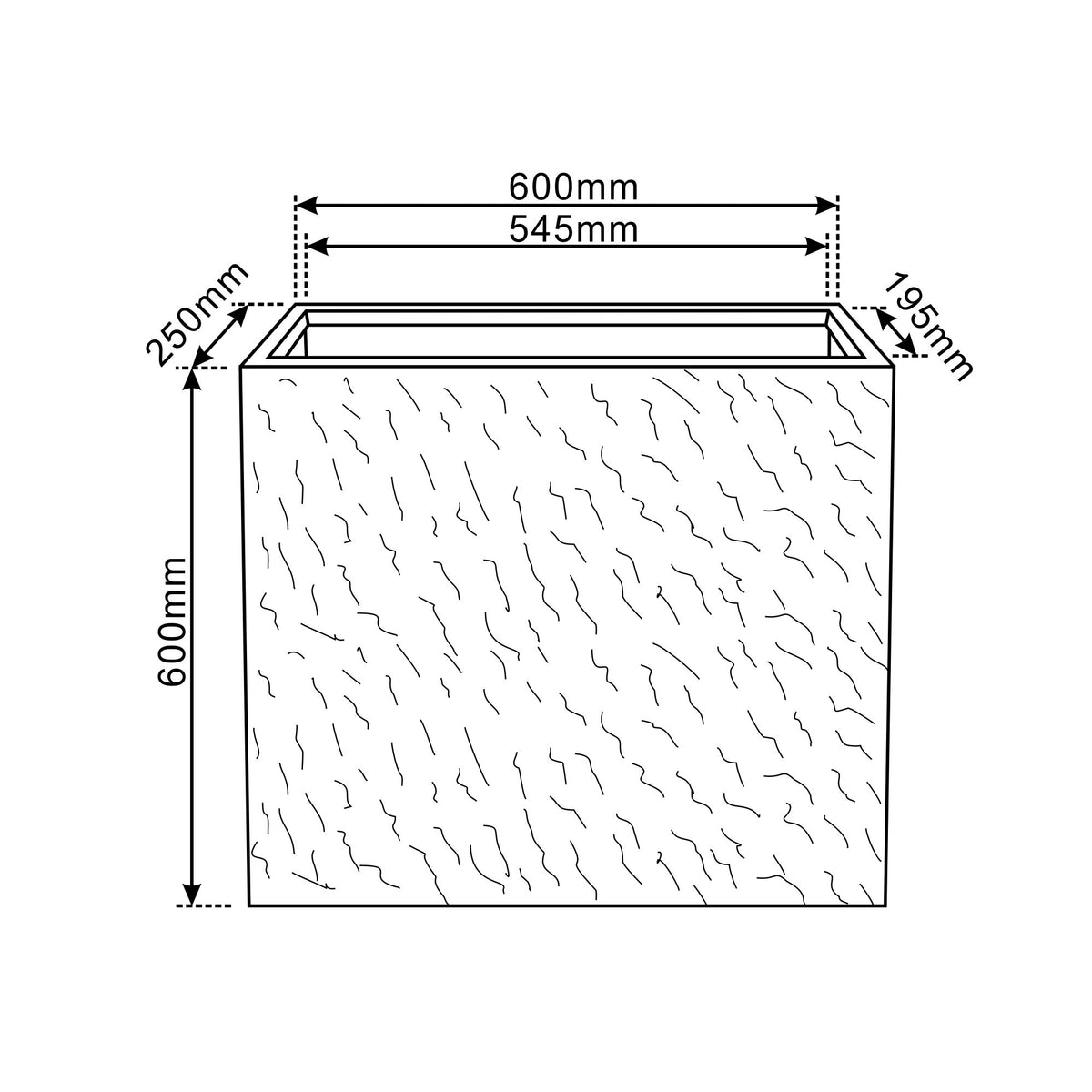 Jardinière Alpha gris foncé en béton fibré, vue de face avec cotes