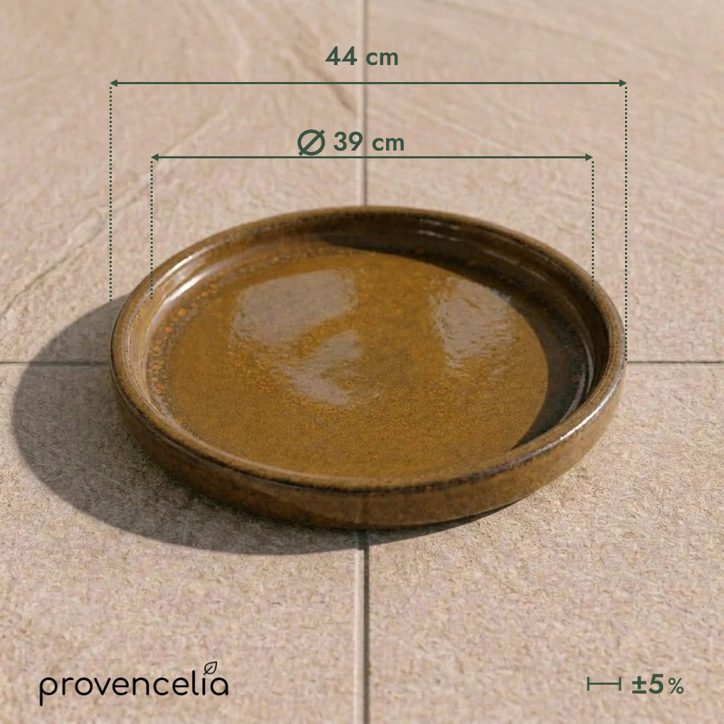 Platillo de 39 cm Miel ámbar, vista superior con dimensiones