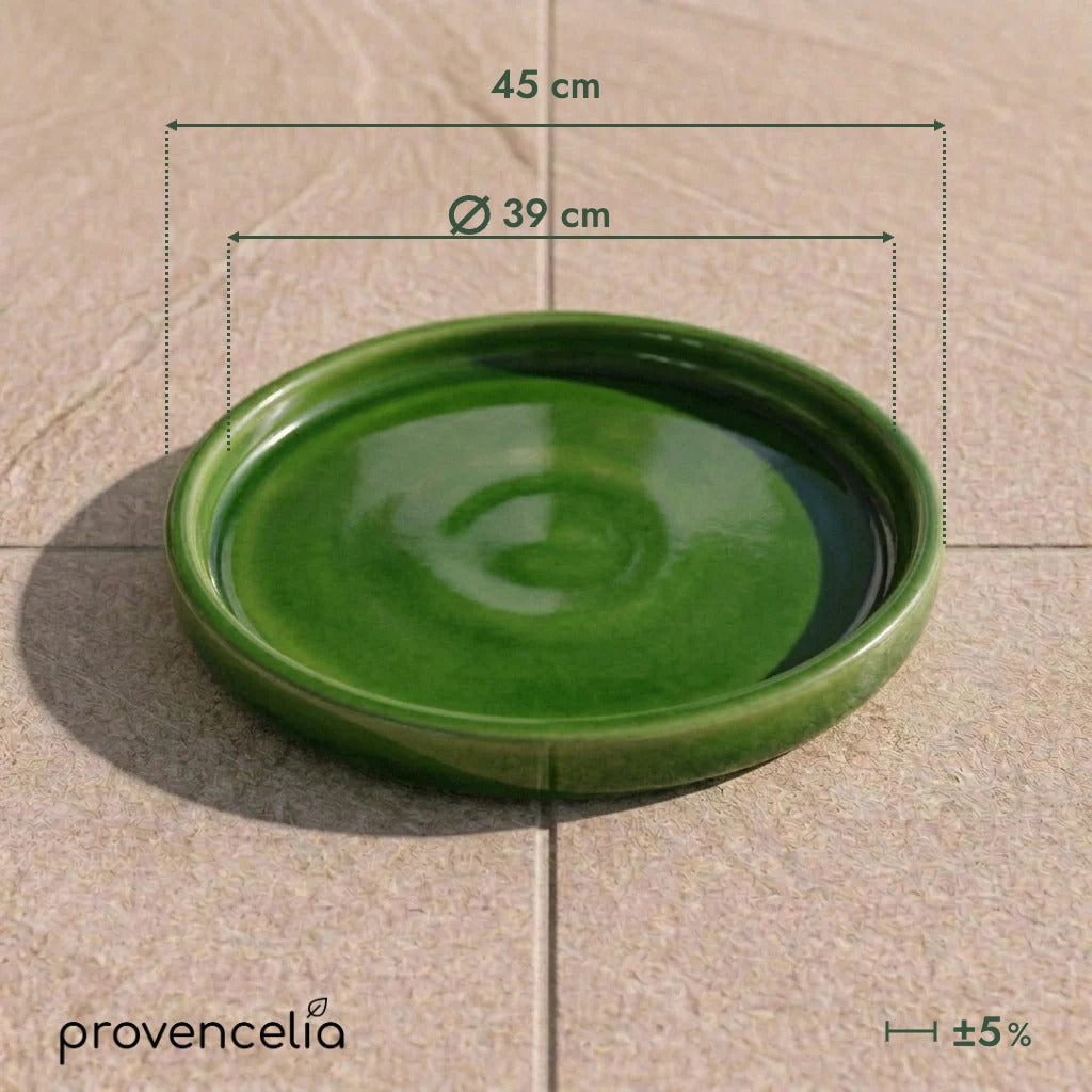 Platillo de 39 cm verde manzana, vista superior con dimensiones
