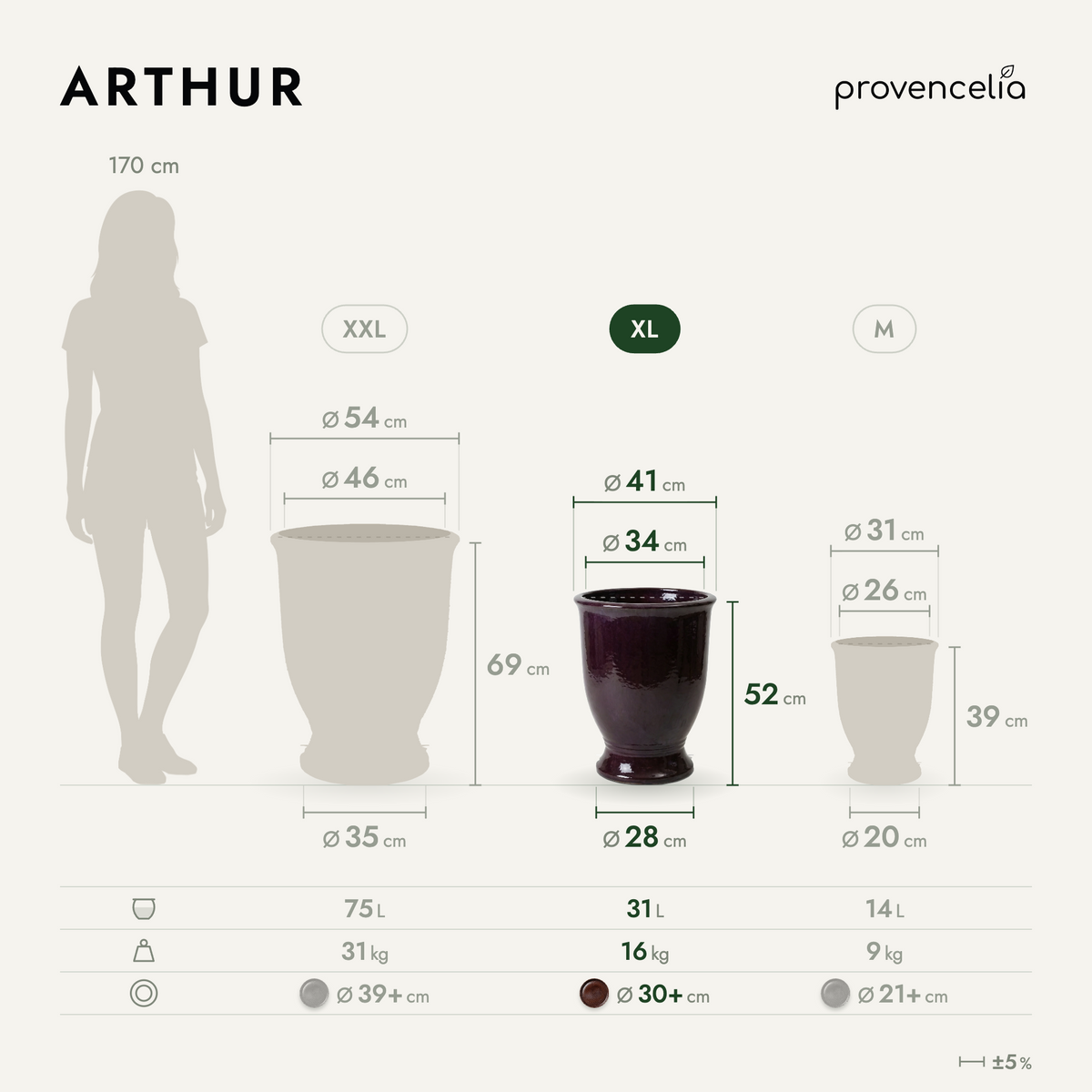 Plantenbak ARTHUR met voet 42 × 52 cm lichtviolet van geglazuurd keramiek, maattekening maat XL