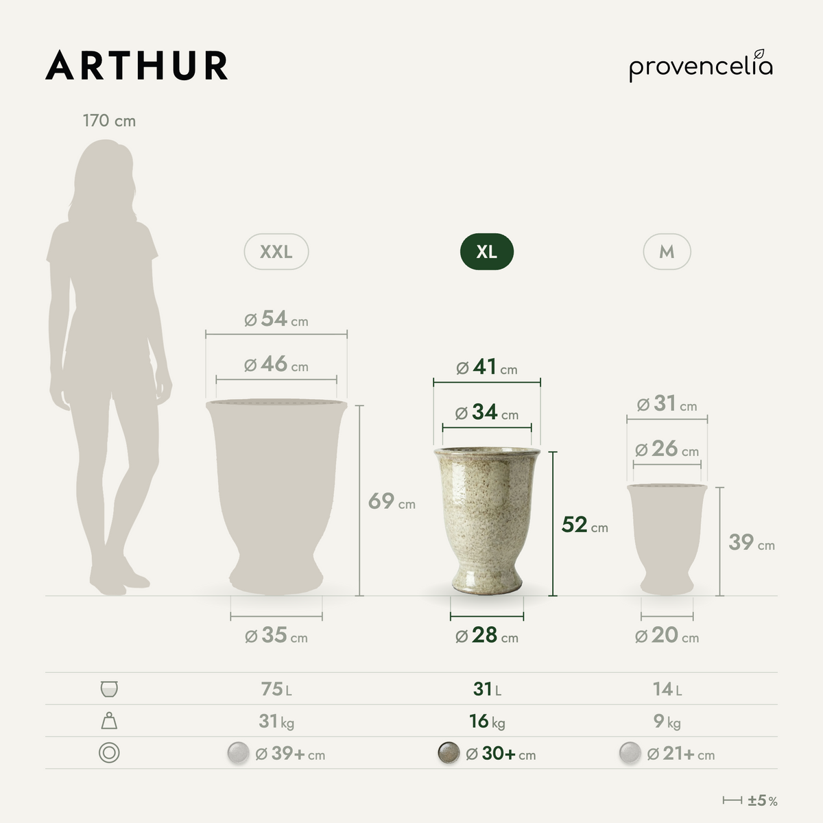 Plantenbak ARTHUR met voet 42 × 52 cm gestreept wit van geglazuurd keramiek, vooraanzicht met afmetingen