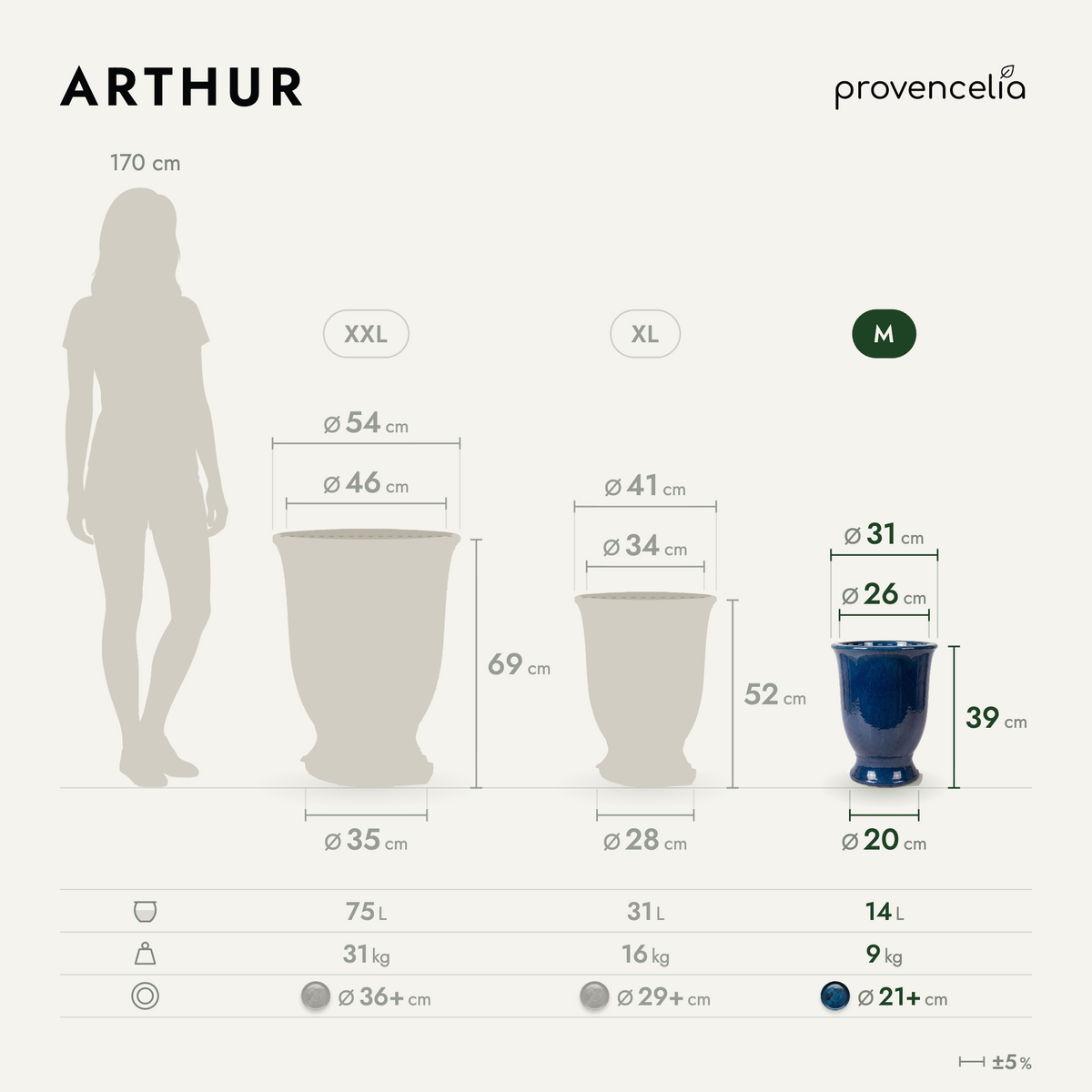 Pot ARTHUR avec pied 32x39 cm bleu azur en terre cuite émaillée, vue comparative des trois tailles