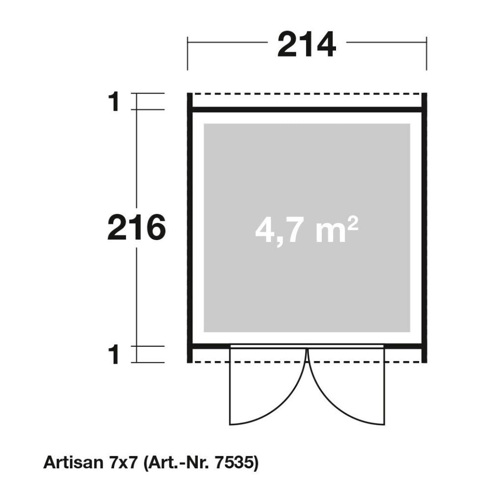 Plan au sol de l'abri ARTISAN 7x7 avec portes doubles