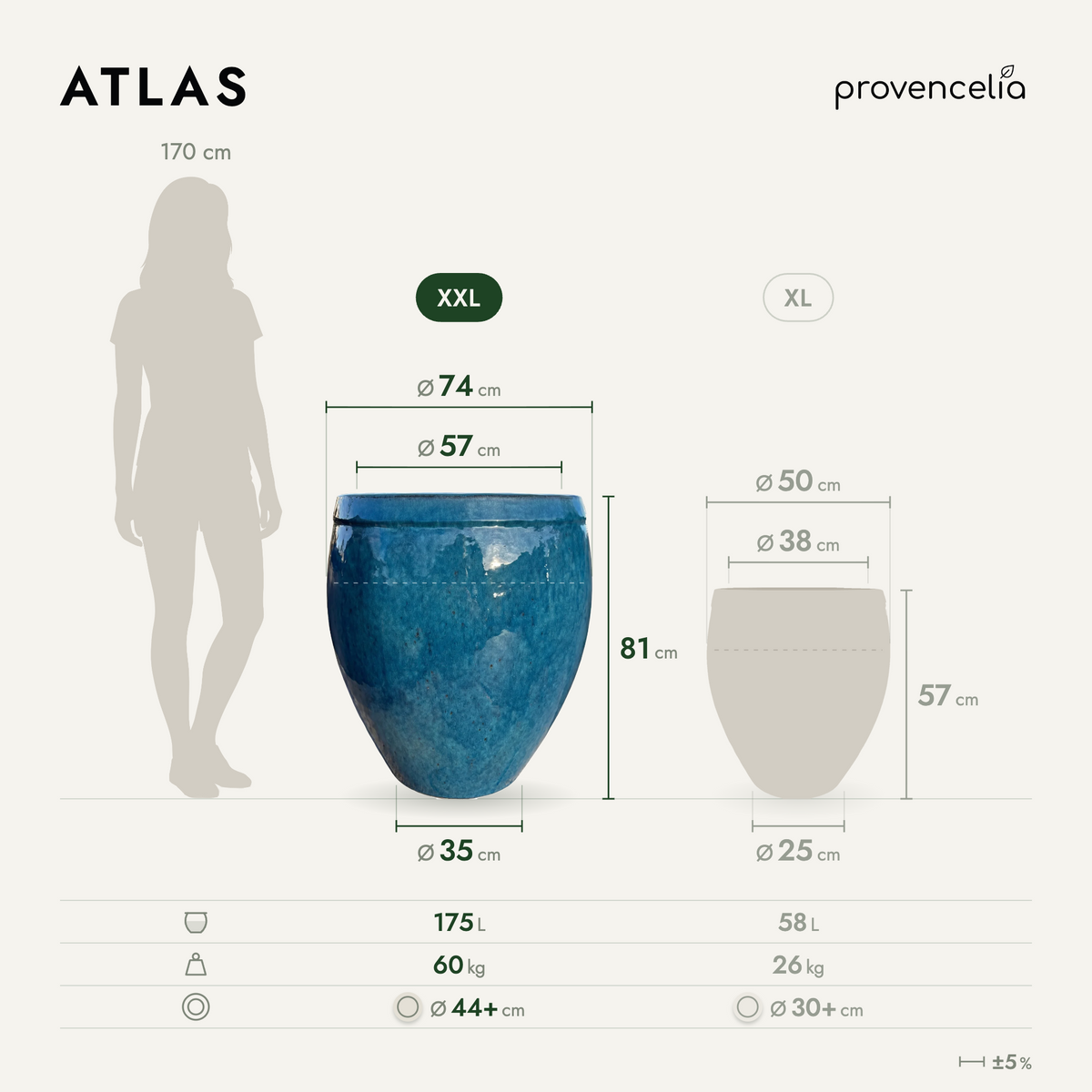 Macetero ATLAS decorativo 75x78 cm Azul Caribe de cerámica esmaltada, vista con dimensiones