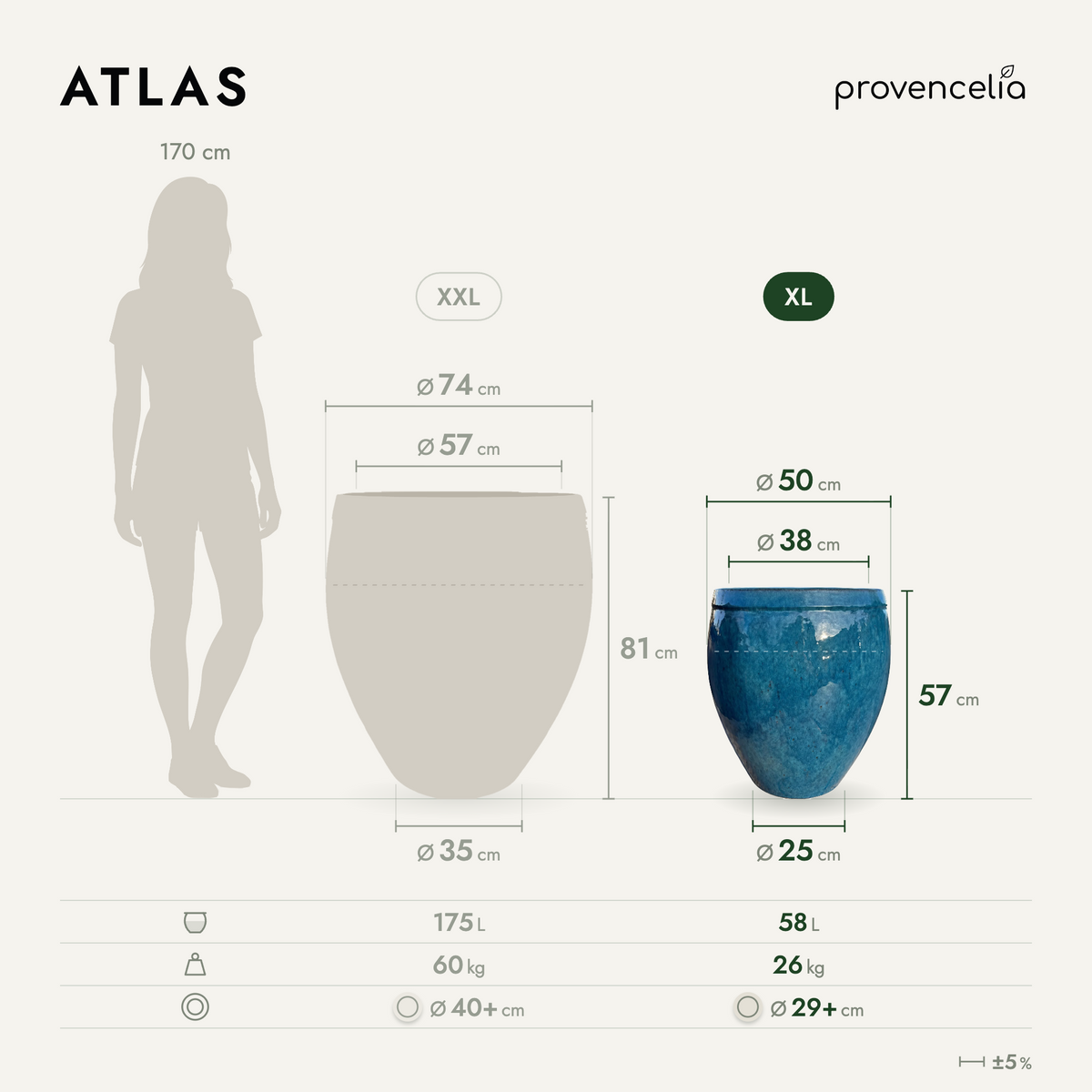 Vaso ATLAS decorativo 52x58 cm Blu Caraibi in ceramica smaltata, vista comparativa delle dimensioni