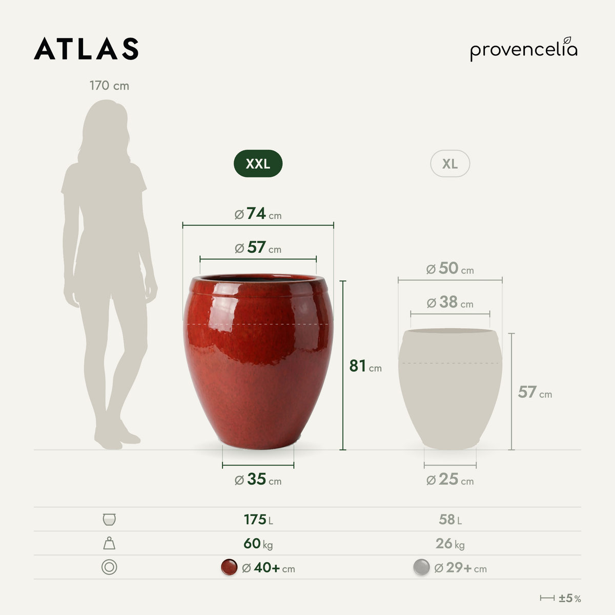 Pot ATLAS décoratif 75x78 cm rouge tropical en terre cuite émaillée, vue de face avec dimensions
