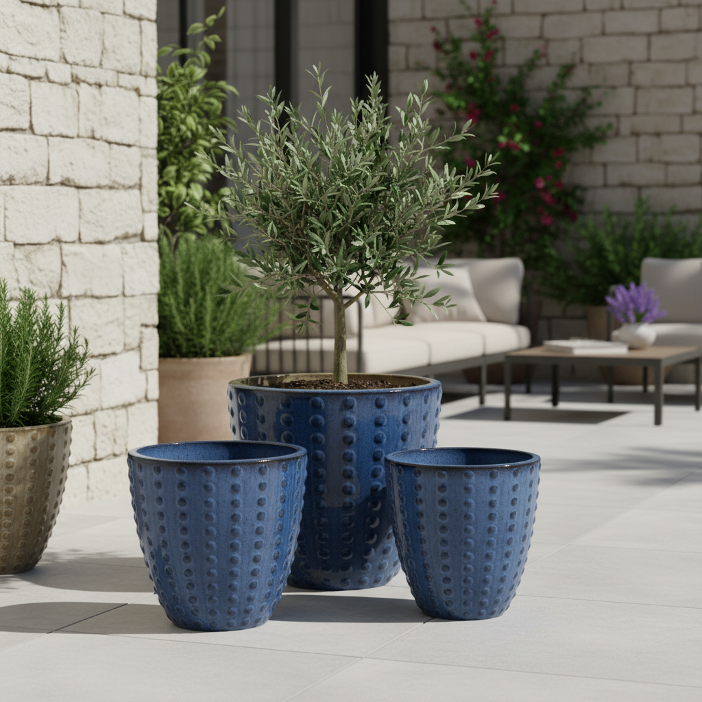 Pot Attila décoratif bleu antique en terre cuite émaillée, avec olivier sur terrasse
