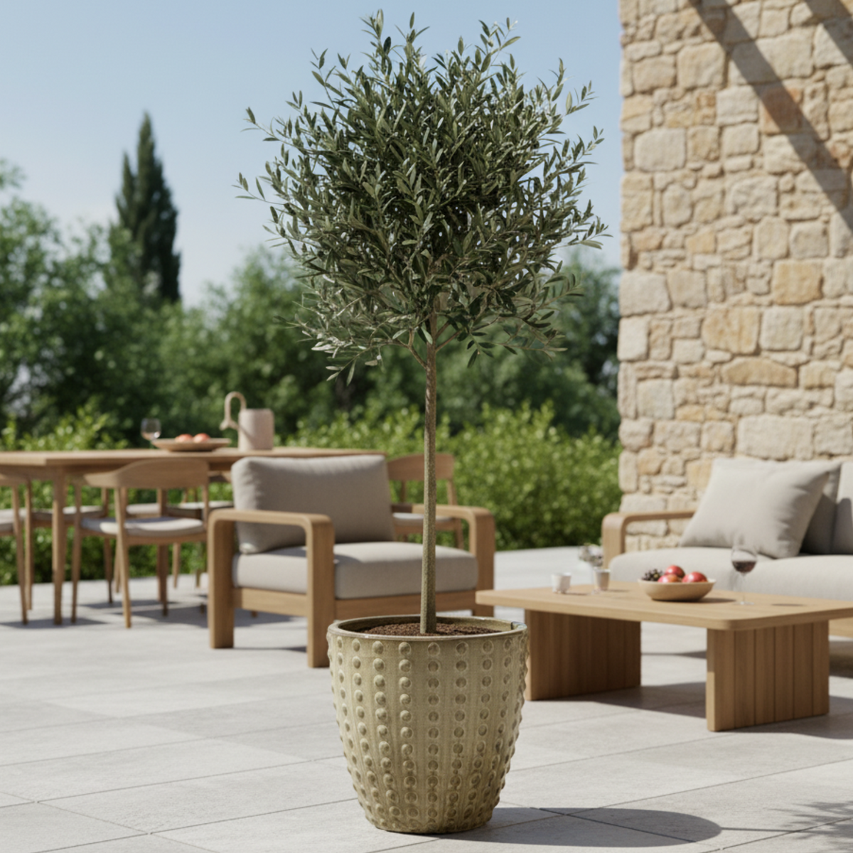 Pot Attila décoratif 38x37 cm bronze sablé en terre cuite émaillée, olivier sur une terrasse