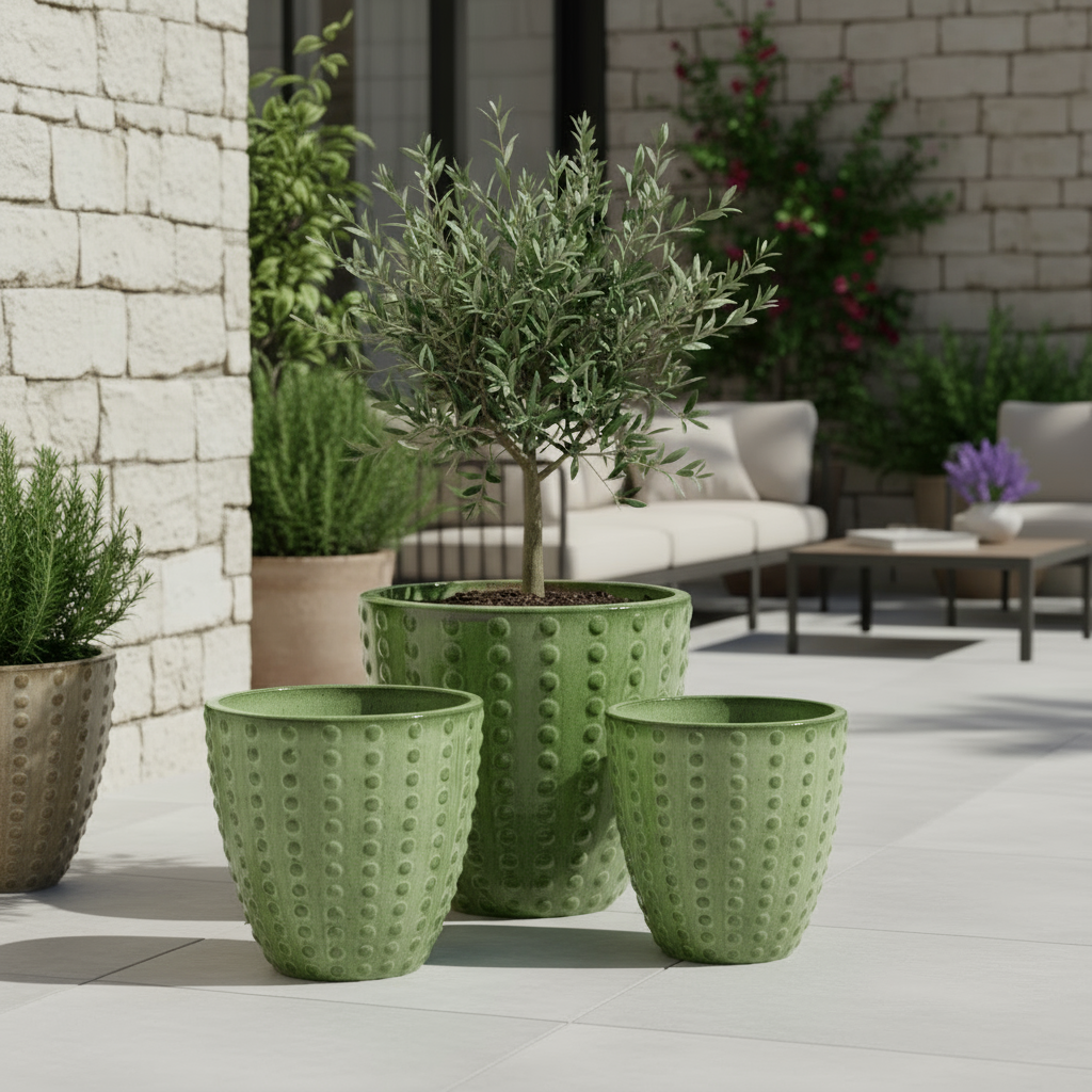 Vaso Attila decorativo verde mela in ceramica smaltata, con ulivo su una terrazza