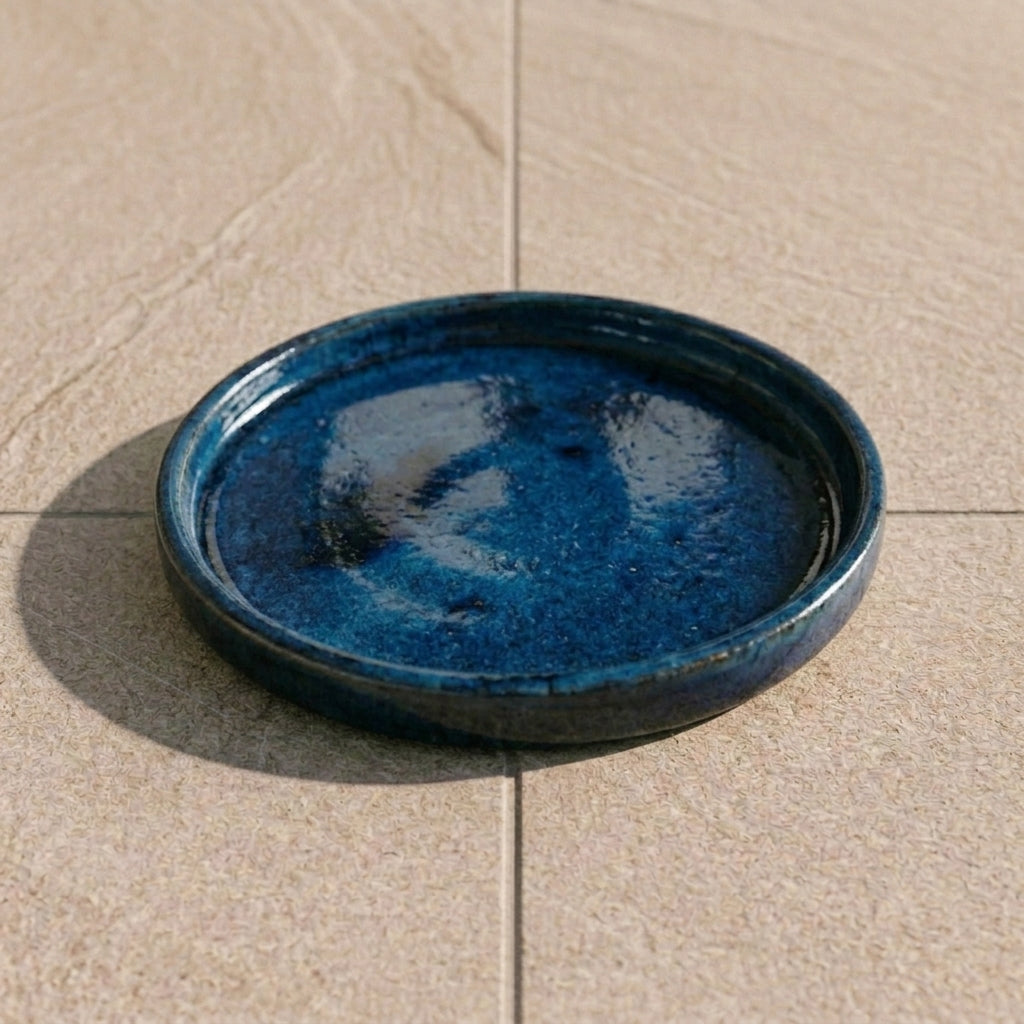 Azure blue ceramic planter saucer – frost-resistant