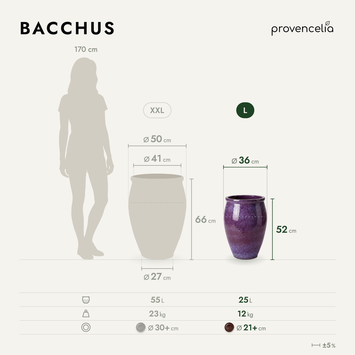 Pot BACCHUS en forme d’amphore 36x52 cm violet clair en terre cuite émaillée, vue de face avec dimensions