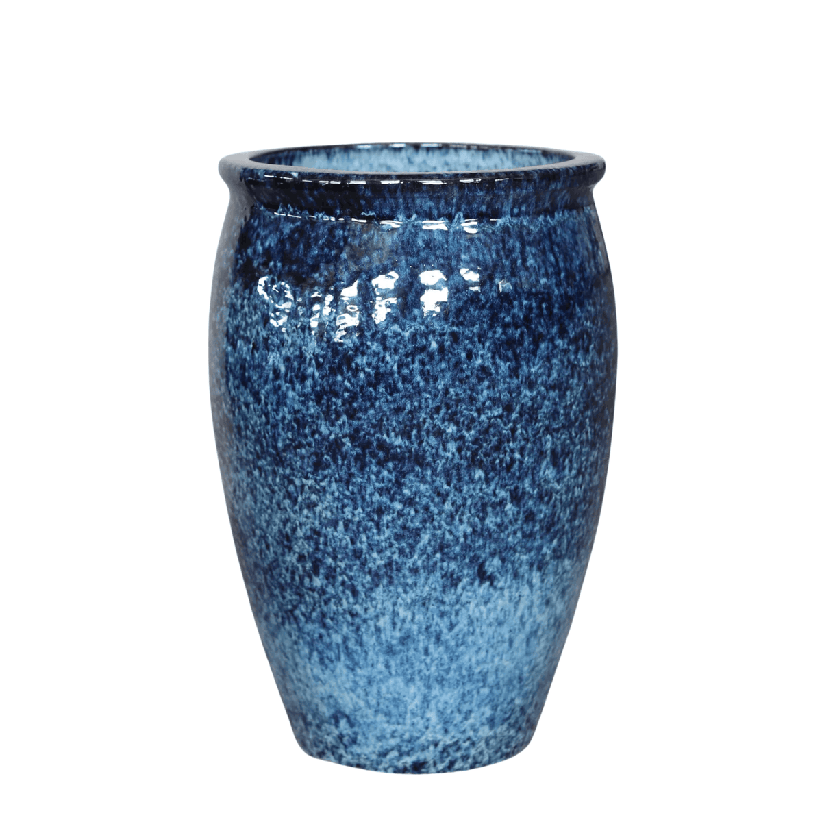 Pot Bacchus décoratif 36x52 cm bleu abysse en terre cuite émaillée, vue de face sur fond blanc