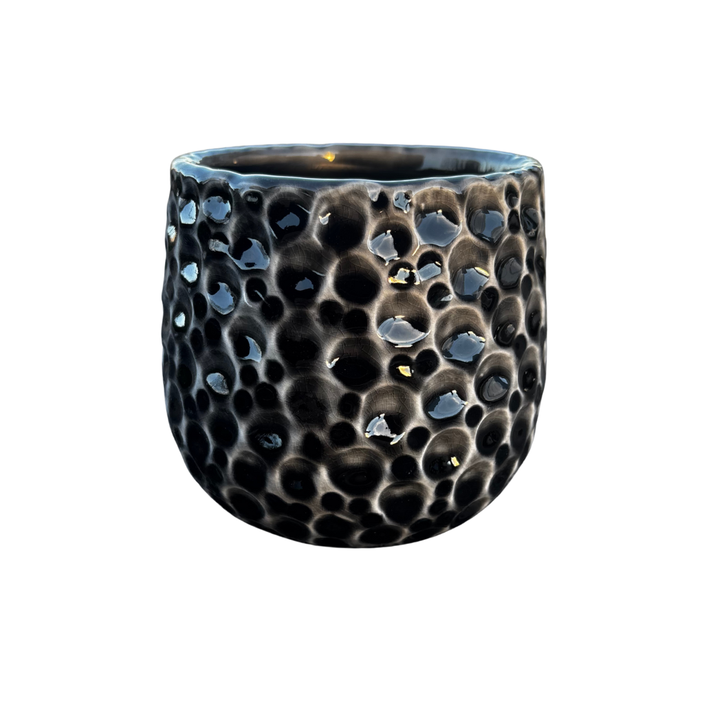Macetero Parisette redondo 12x10 cm Negro de cerámica esmaltada, detalle de la superficie esmaltada