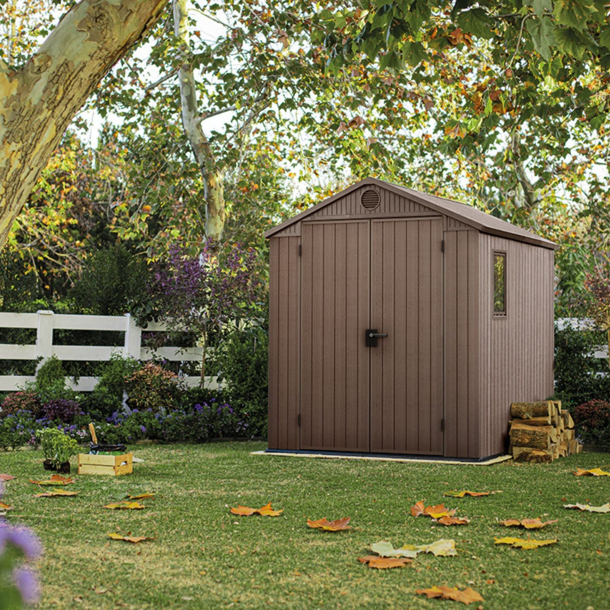 Abri de jardin DARWIN 6x6 marron installé sur une pelouse dans un jardin arboré
