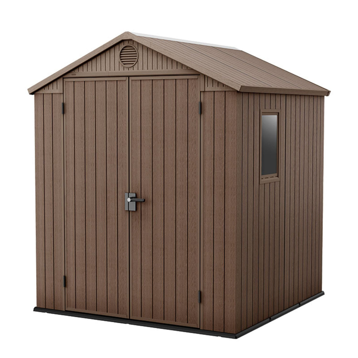 Abri de jardin DARWIN 6x6 marron, vue de trois quarts avec portes doubles et fenêtre latérale