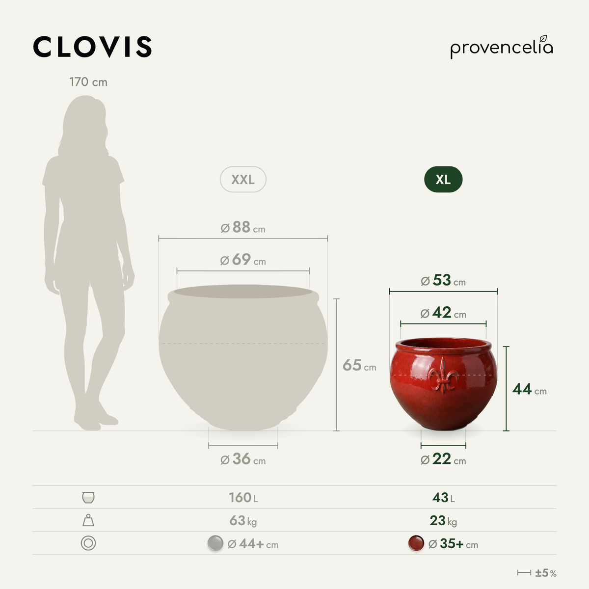 CLOVIS planter 53x43 cm Tropical Red glazed ceramic, front view with dimensions