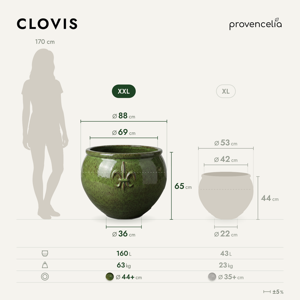 CLOVIS planter 86x64 cm tropical green glazed ceramic, dimensions and volume diagram