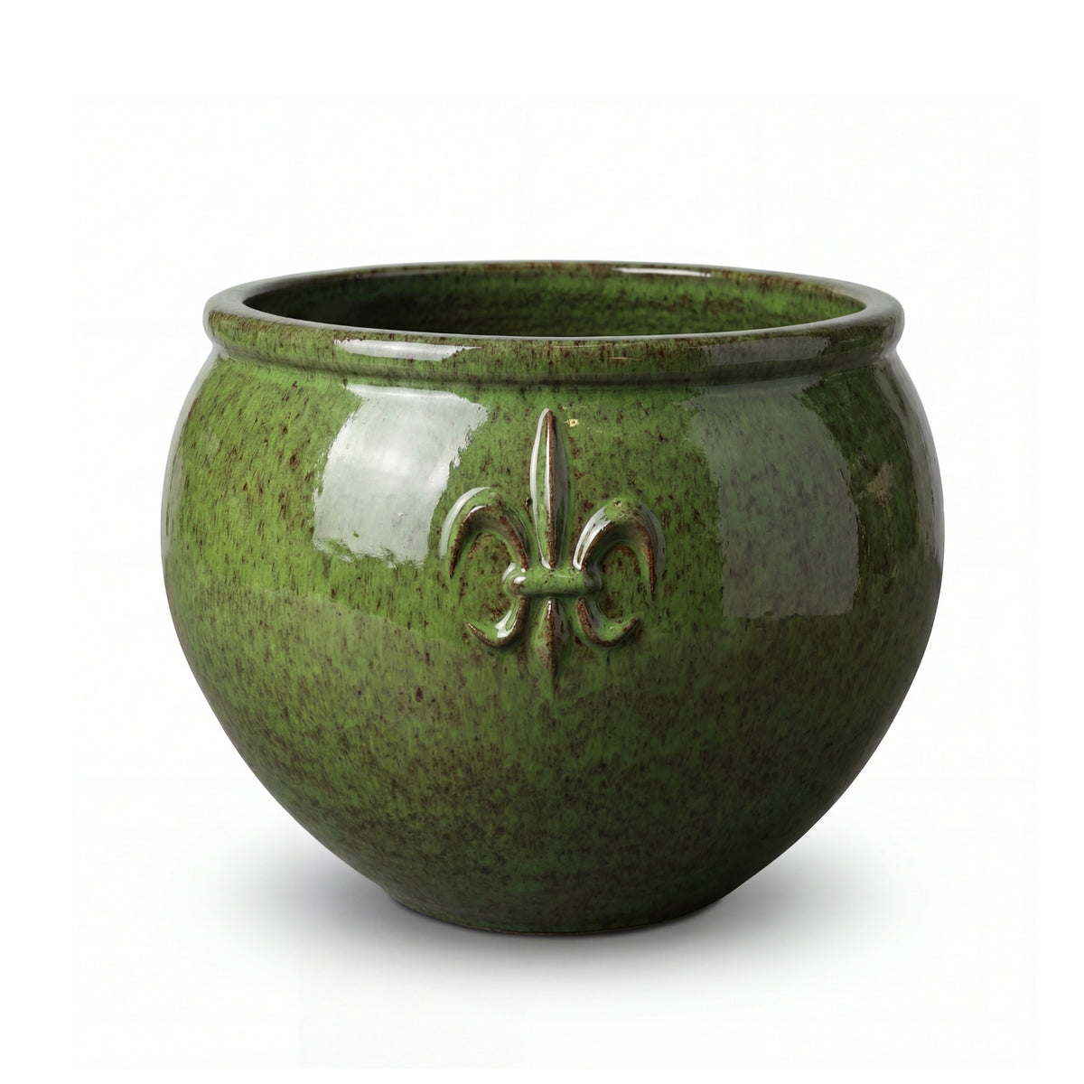 Plantenbak Clovis 53 × 43 cm in Tropisch groen geglazuurd keramiek, vooraanzicht op witte achtergrond