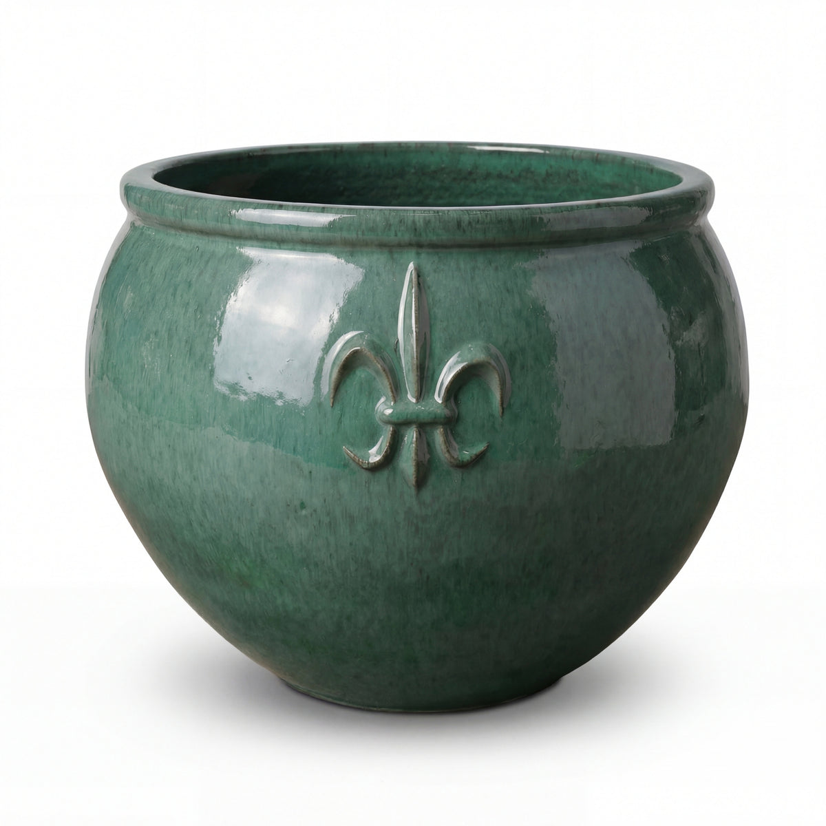 Plantenbak Clovis 86 × 64 cm in jade geglazuurd keramiek, vooraanzicht op witte achtergrond