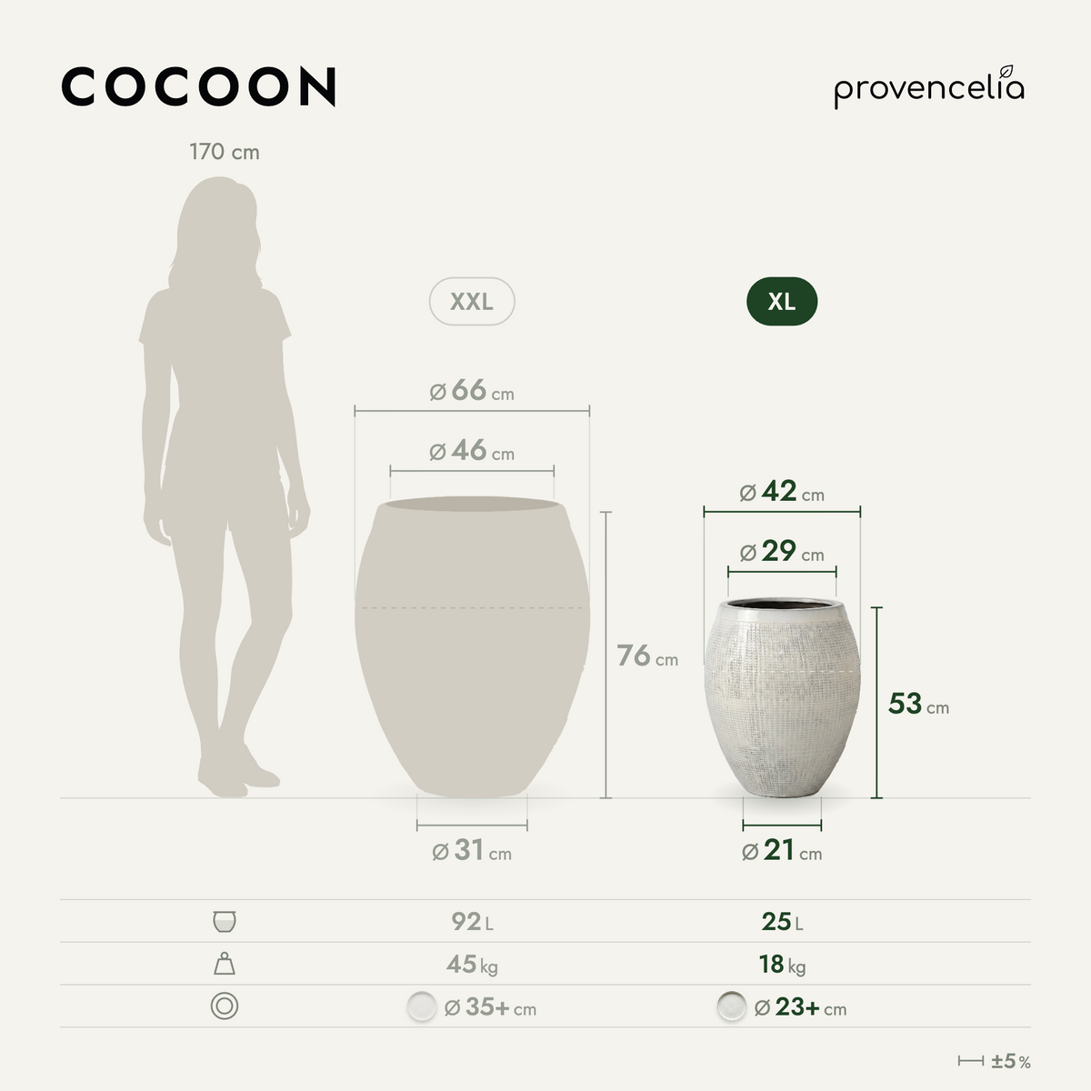 Pot COCOON 42x53 cm crème en terre cuite émaillée, schéma des dimensions et capacités