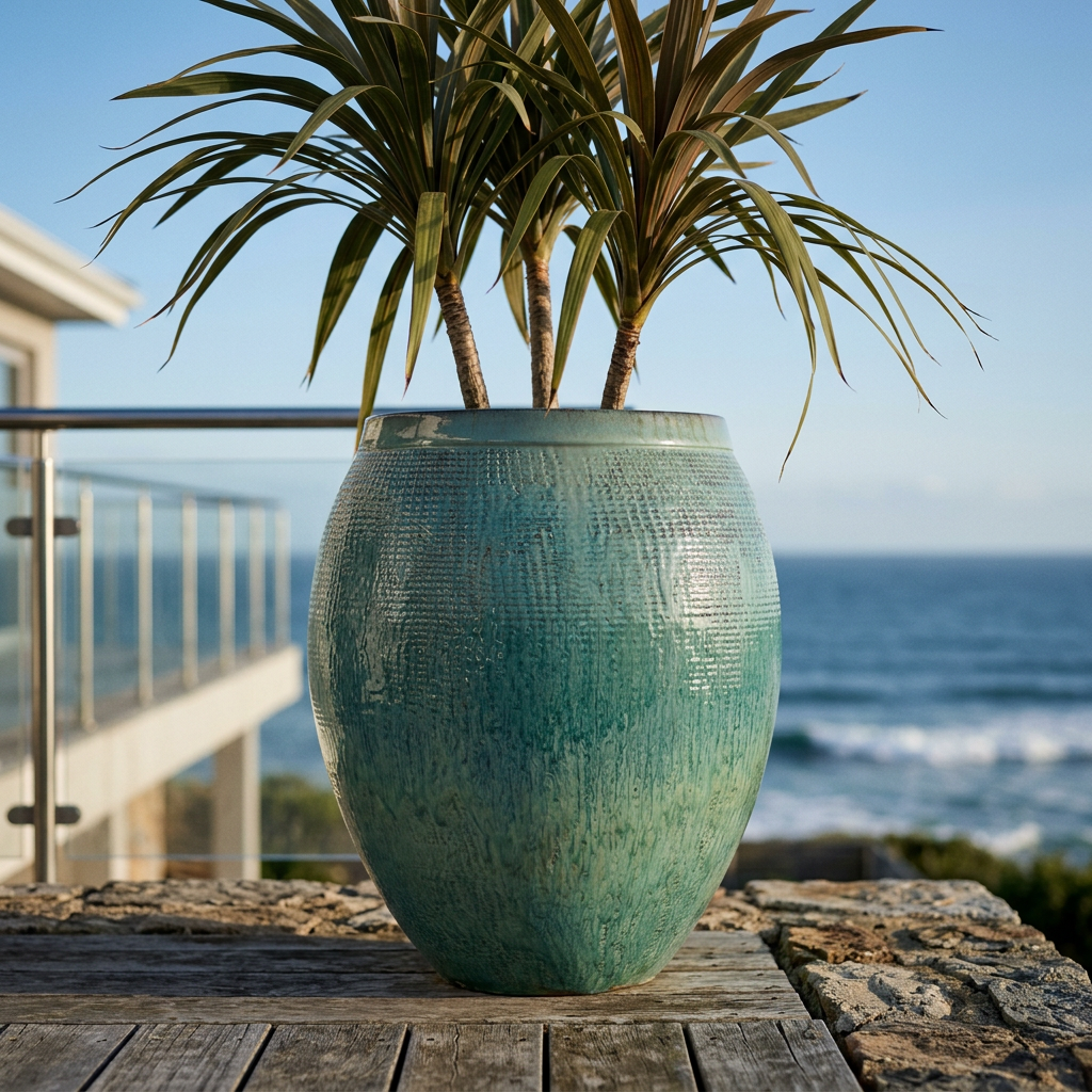 Pot Cocoon 66x76 cm bleu océan en terre cuite émaillée, plante à feuillage devant la mer