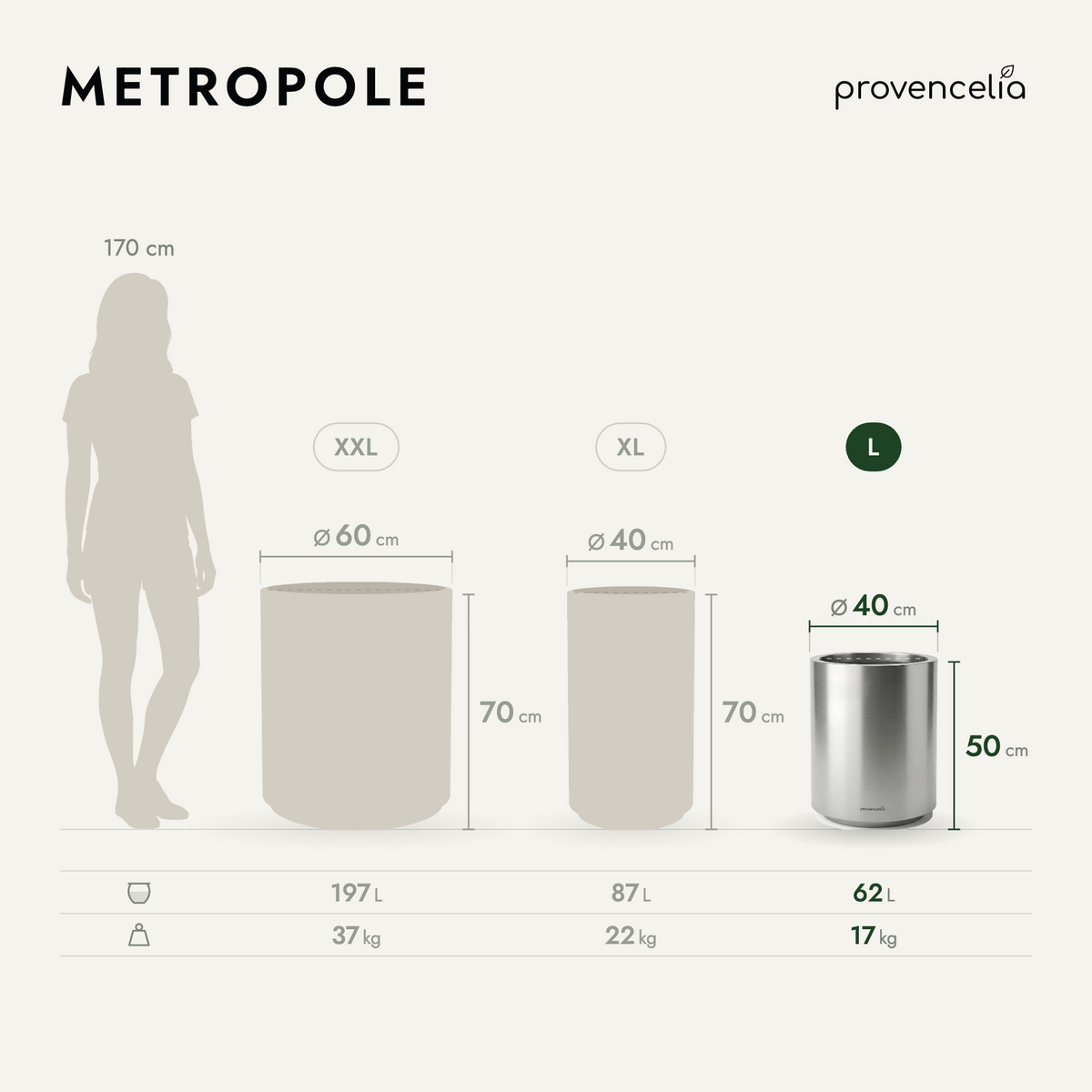 Vaso MÉTROPOLE cilindrico 40x50 cm Acciaio inox spazzolato in metallo zincato, schema delle tre dimensioni