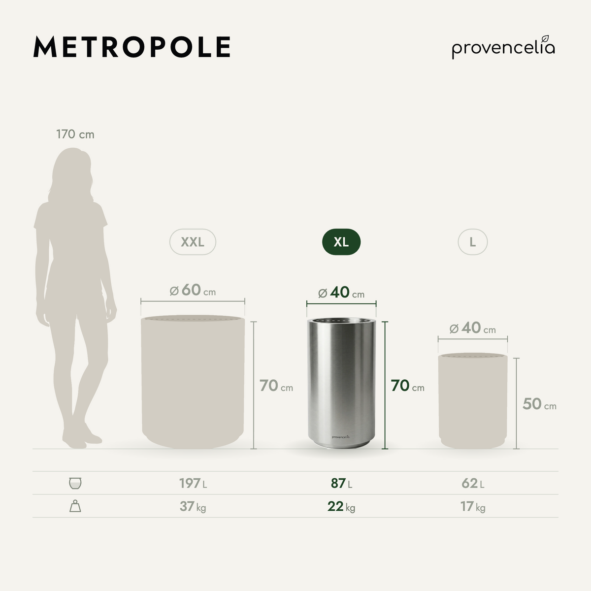 Vaso MÉTROPOLE cilindrico 40x70 cm Acciaio inox spazzolato in metallo zincato, formato XL al centro