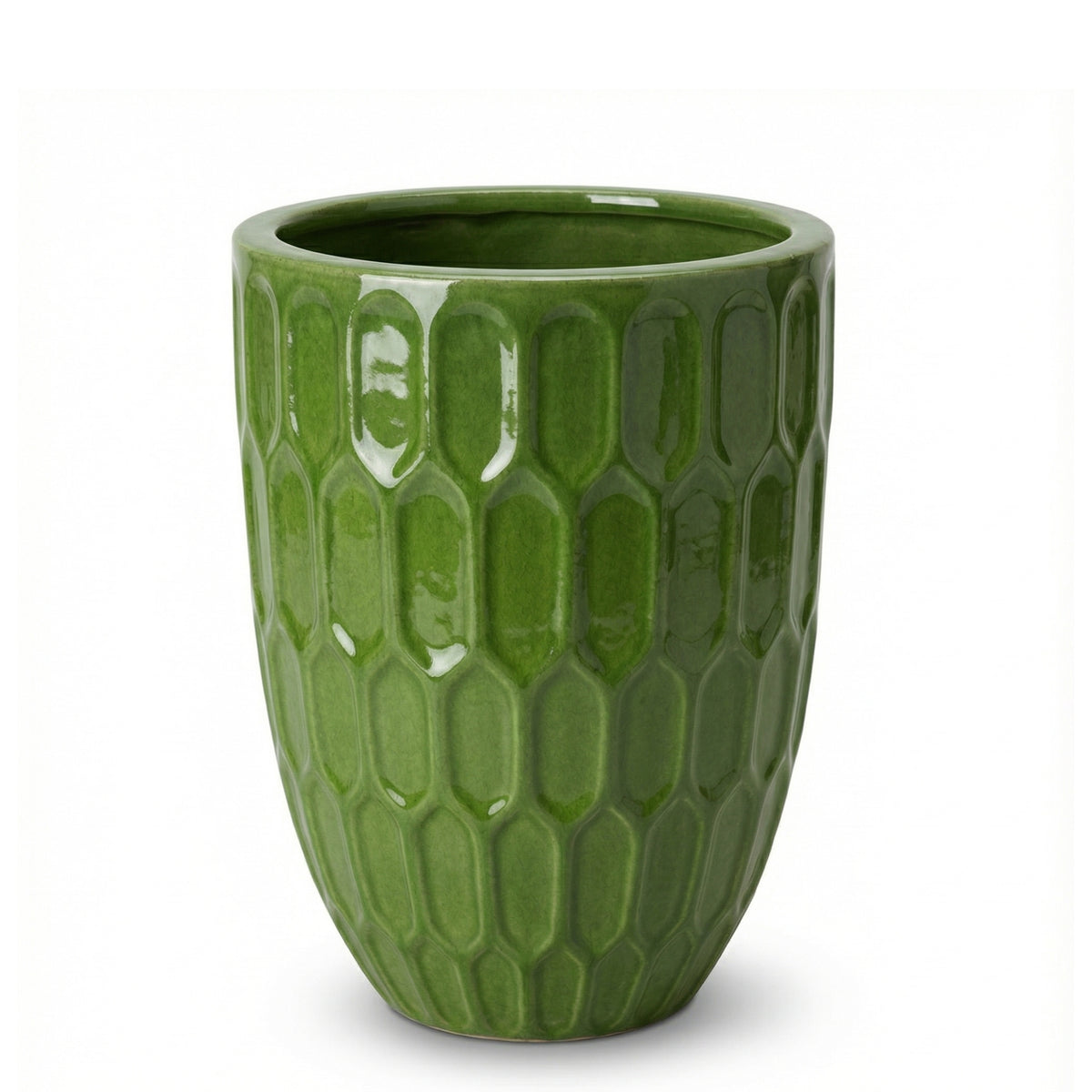 Pot Daudet décoratif 32x40 cm vert pomme en terre cuite émaillée, vue de face sur fond blanc