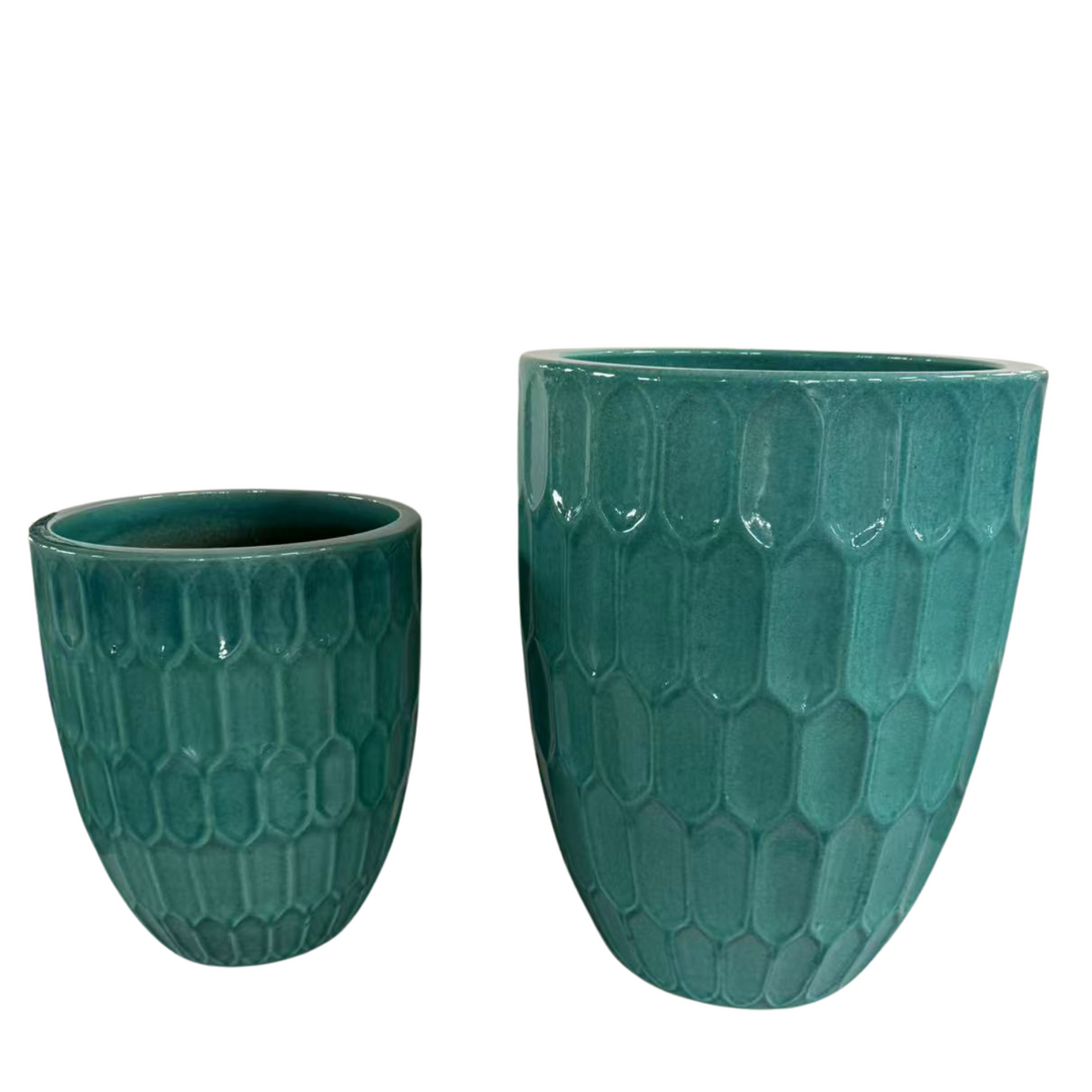 Pot Daudet décoratif 32x40 cm turquoise en terre cuite émaillée, présenté avec un pot plus grand
