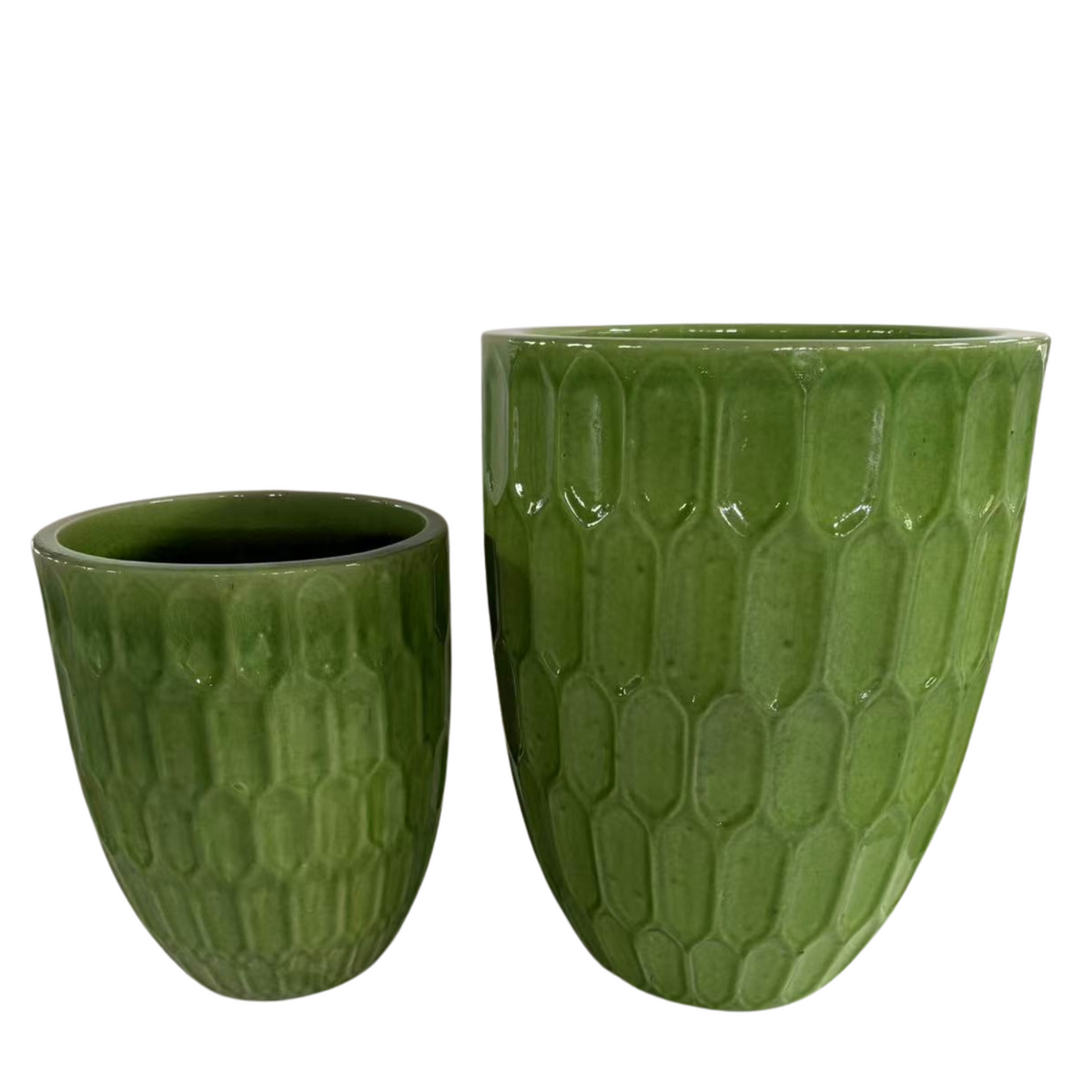 Pot Daudet décoratif 41x55 cm vert pomme en terre cuite émaillée, deux pots sur fond blanc
