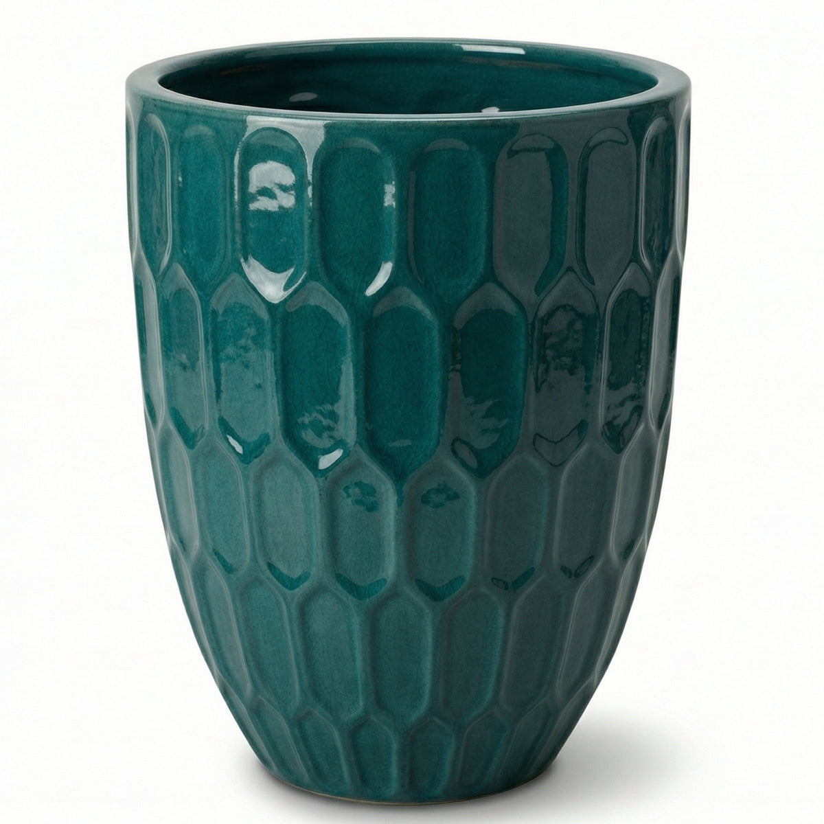 Macetero Daudet decorativo 41x55 cm Azul petróleo de cerámica esmaltada, vista frontal sobre fondo blanco