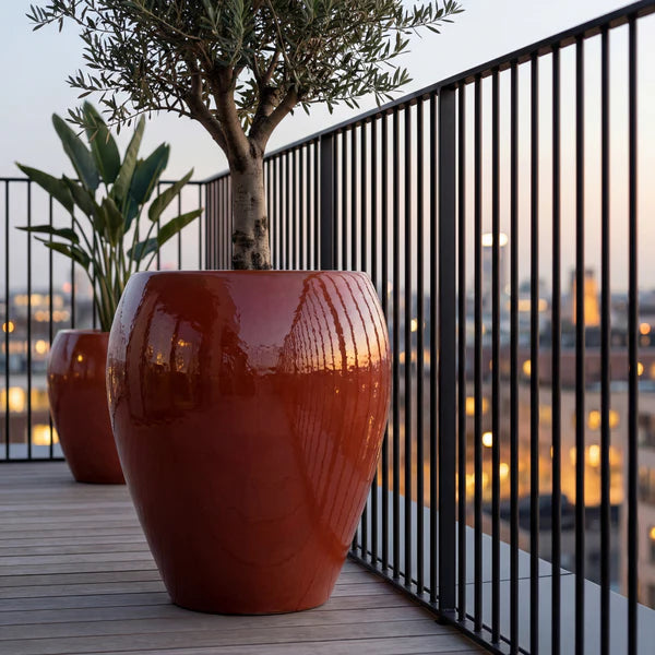 Vaso Lafontaine2 a forma di anfora Aurora in ceramica smaltata, con ulivo al tramonto