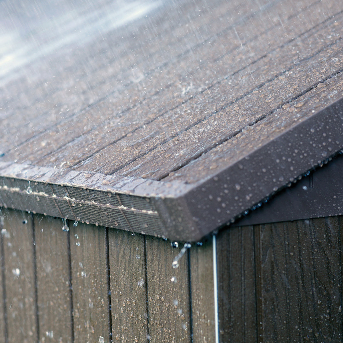 Détail du toit effet bois de l'abri DARWIN sous la pluie