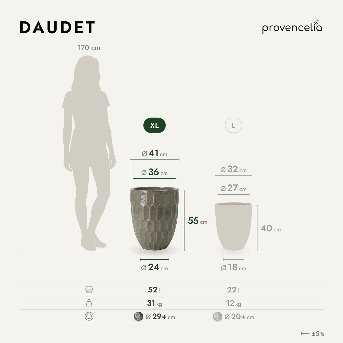 Pot DAUDET décoratif 41x55 cm bronze sablé en terre cuite émaillée, comparatif des tailles XL et L
