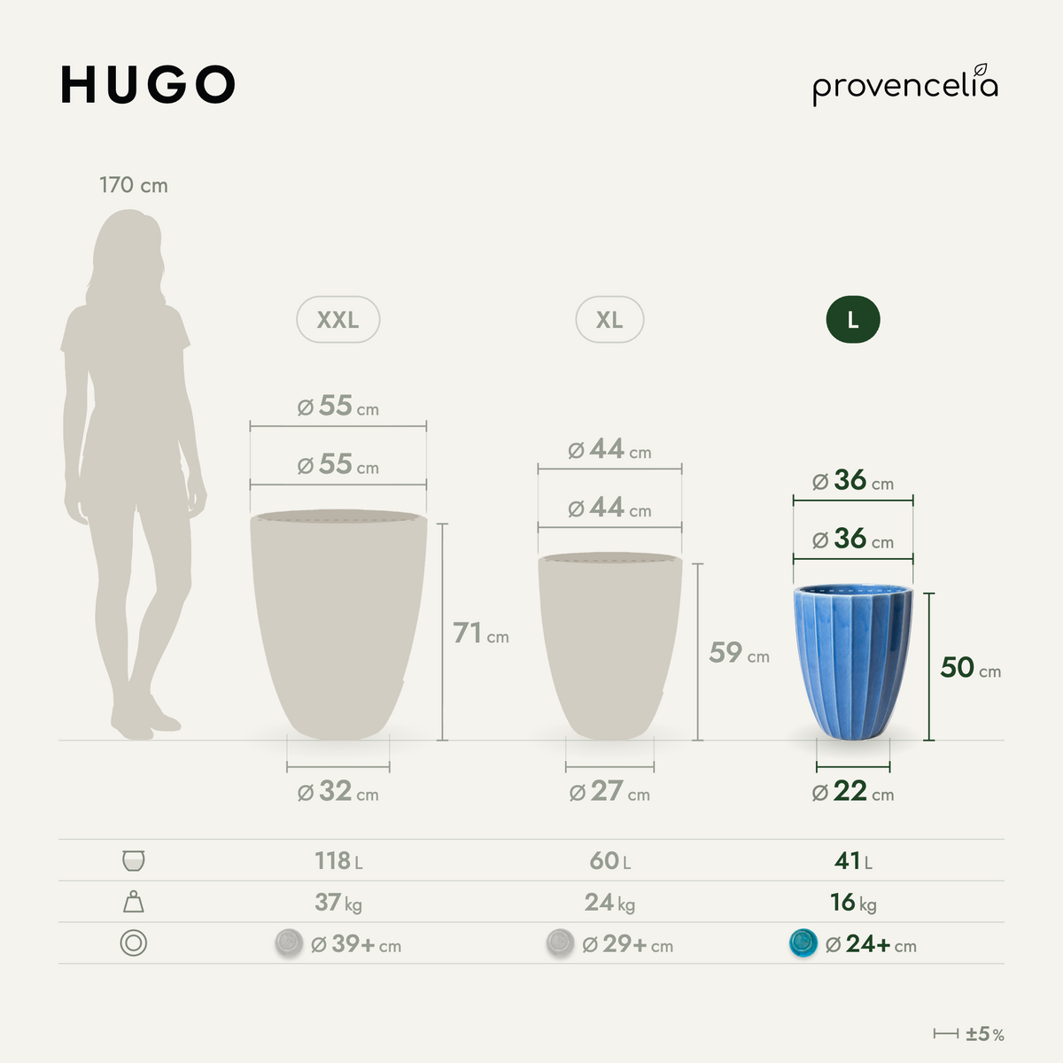 Decoratieve plantenbak HUGO 36x50 cm Junihemel van geglazuurd keramiek, diagram van de drie maten
